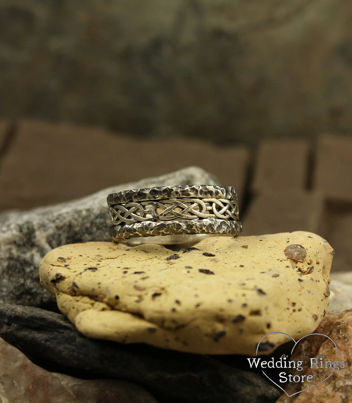 Celtic Silver Wedding Band with Hammered Edges