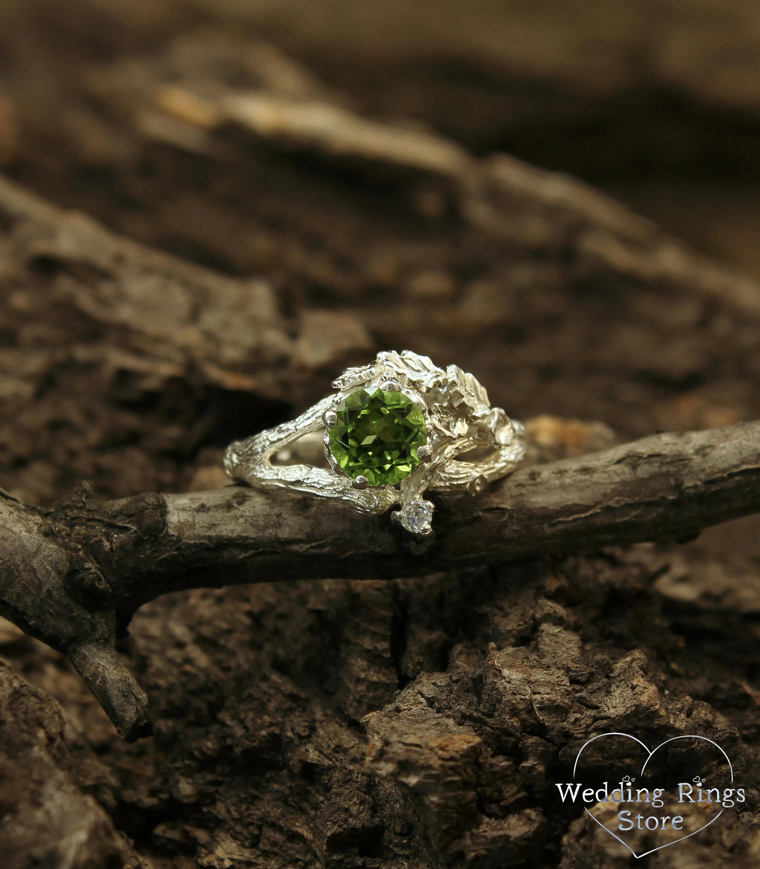 Twig Engagement Ring with Oak Leaves made in Sterling Silver