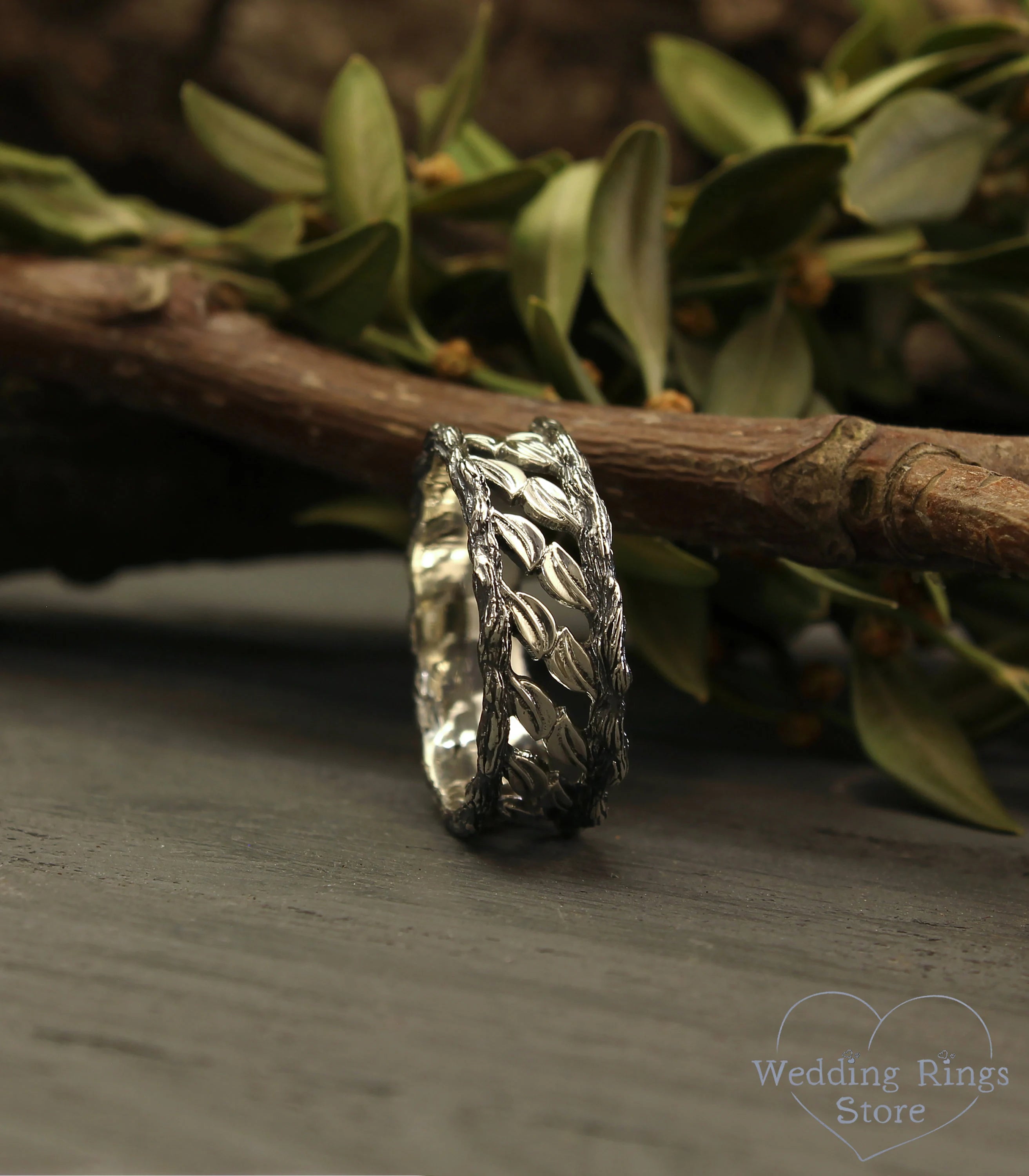 Tree & Leaf Wide Wedding Band for Him Sterling Silver