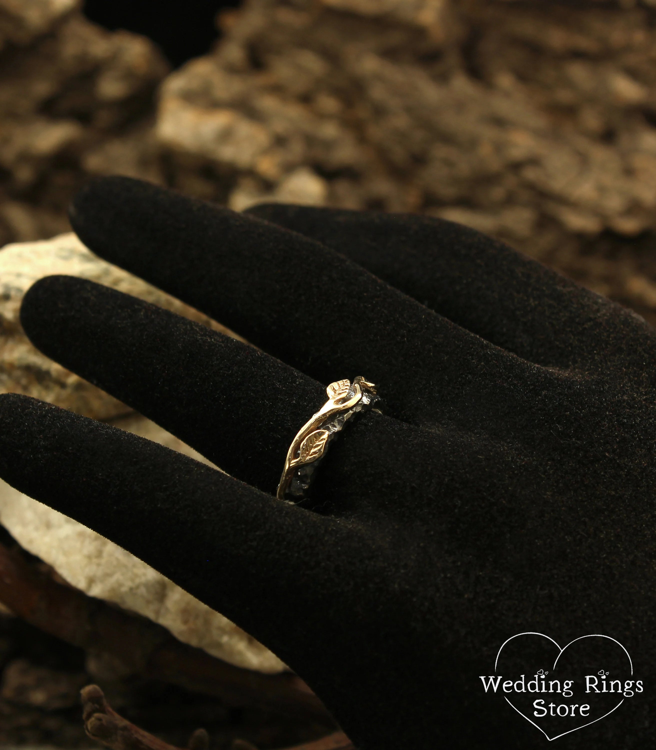 Gold Leaves and Unique Rocky Surface Mixed Metal Ring