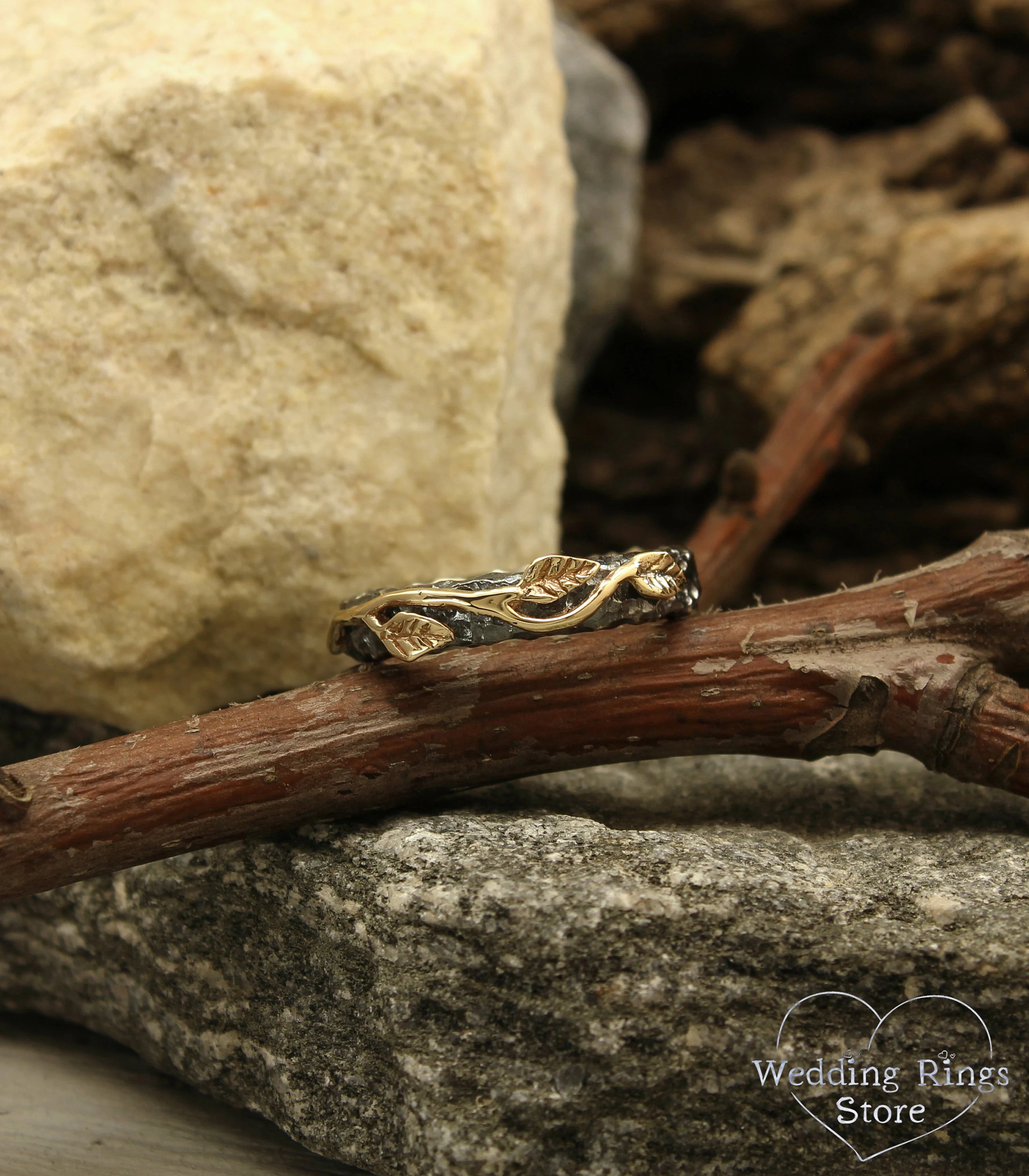 Gold Leaves and Unique Rocky Surface Mixed Metal Ring