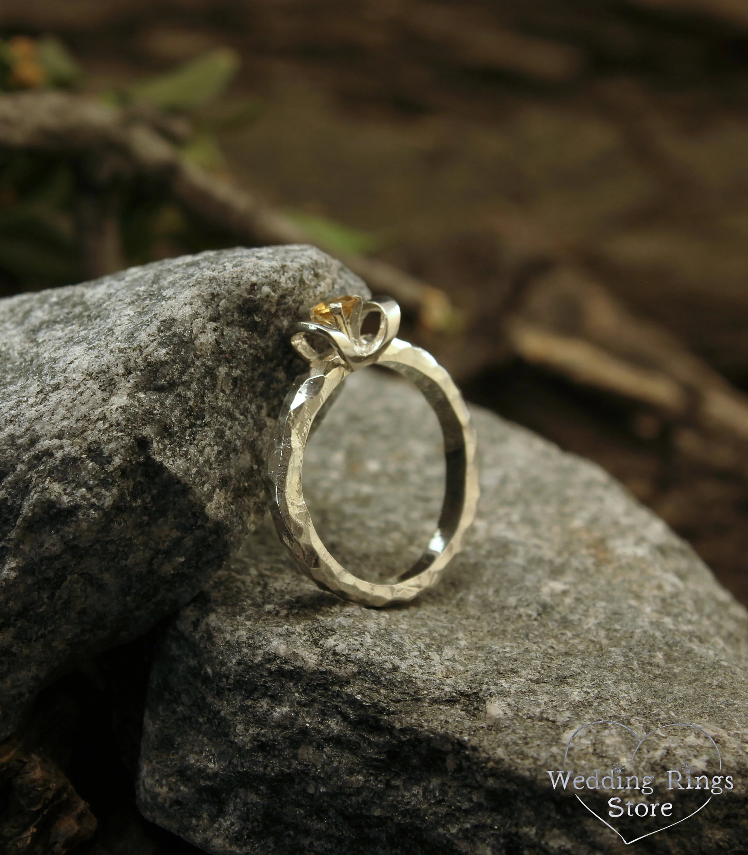 Rocky & Hammered Silver Engagement Ring with Citrine