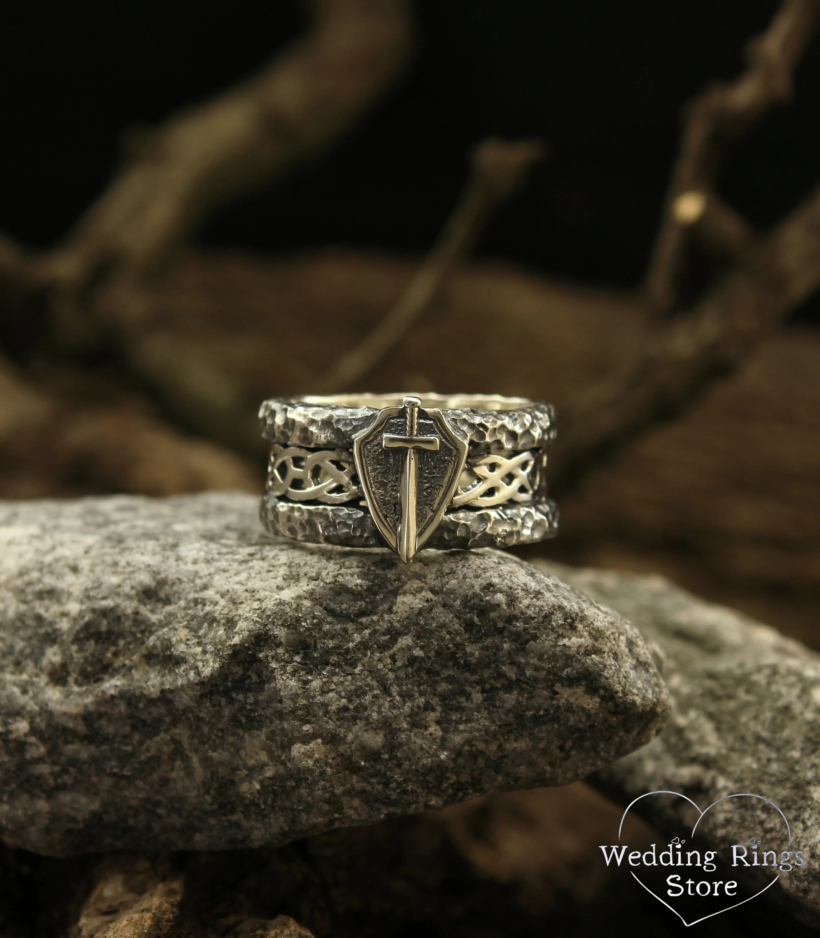 Wide Silver Men's Sword and Shield Ring Hammered Edges