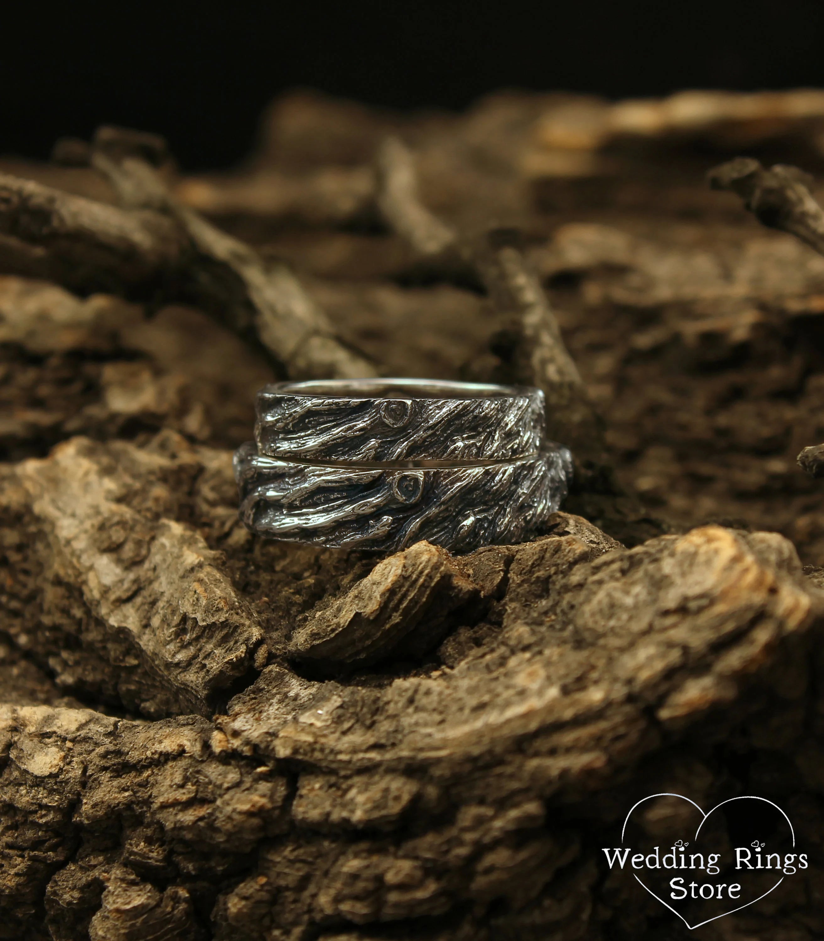 Simple Rustic Woodbark Silver Wedding Bands Set