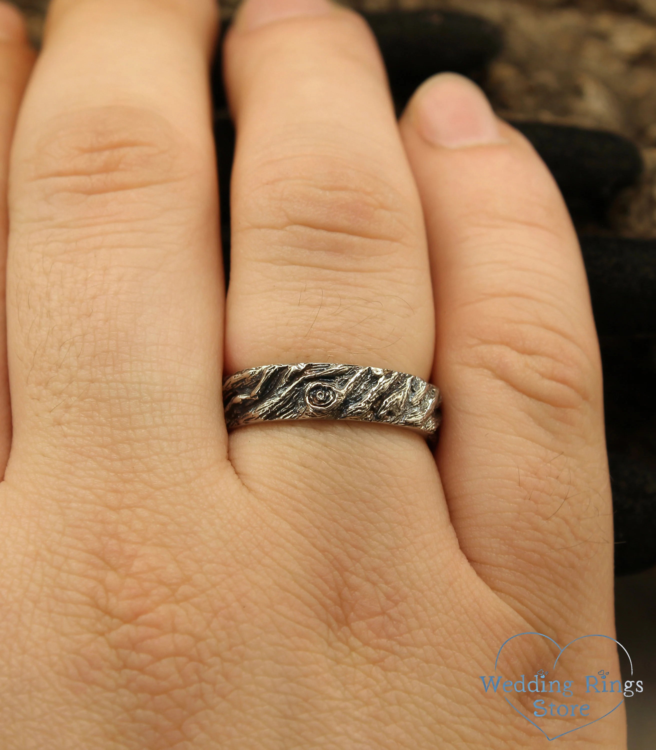 Simple Rustic Woodbark Silver Wedding Bands Set