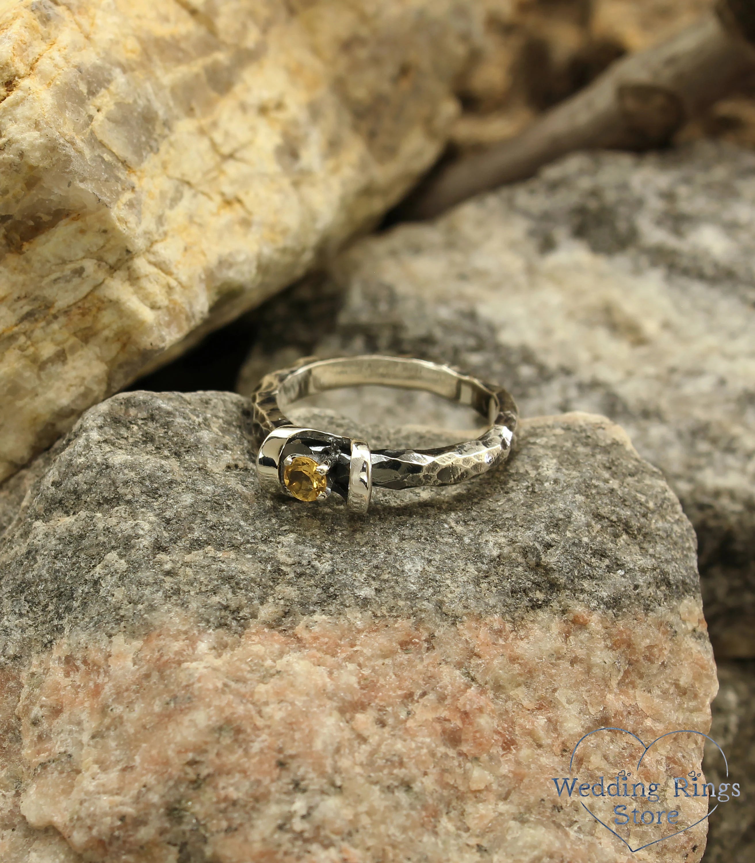 Rocky & Hammered Silver Engagement Ring with Citrine