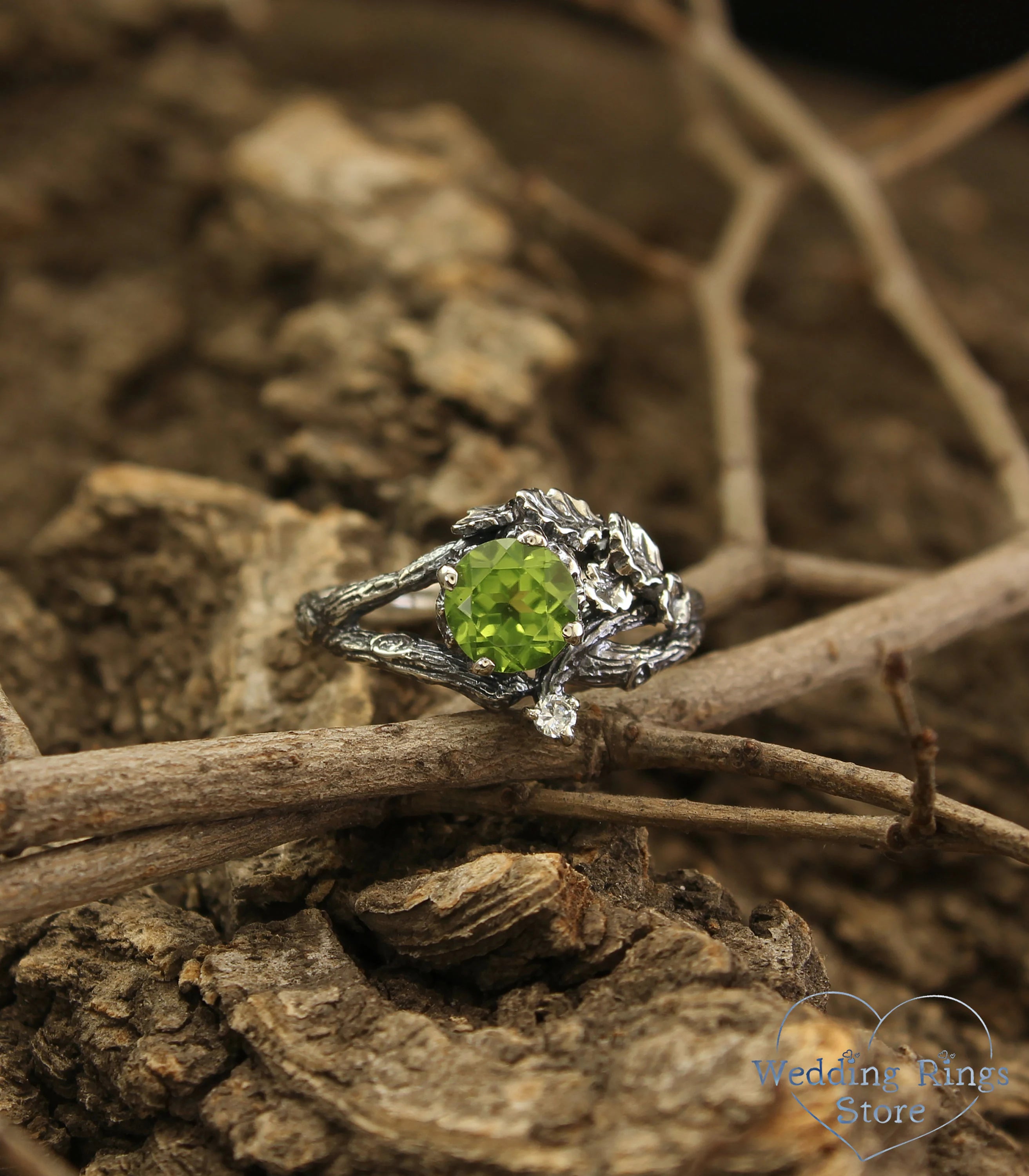 Twig Engagement Ring with Oak Leaves made in Sterling Silver