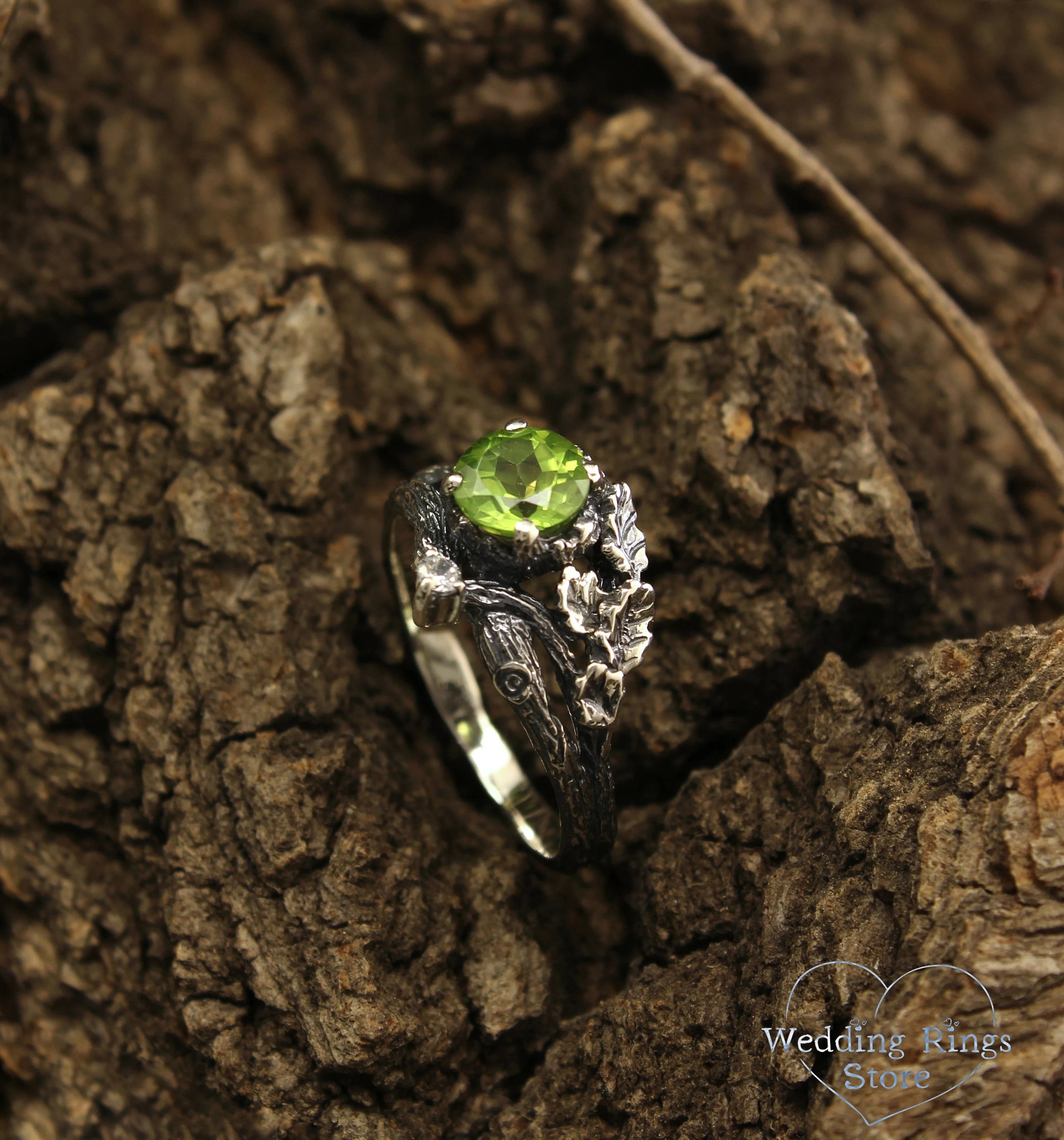 Twig Engagement Ring with Oak Leaves made in Sterling Silver