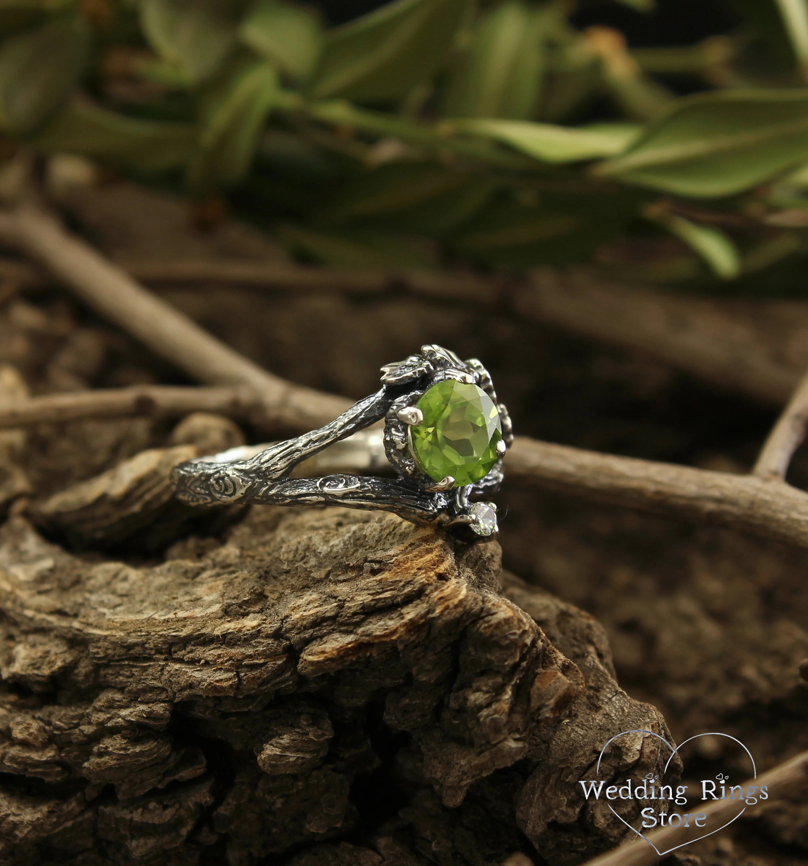 Twig Engagement Ring with Oak Leaves made in Sterling Silver