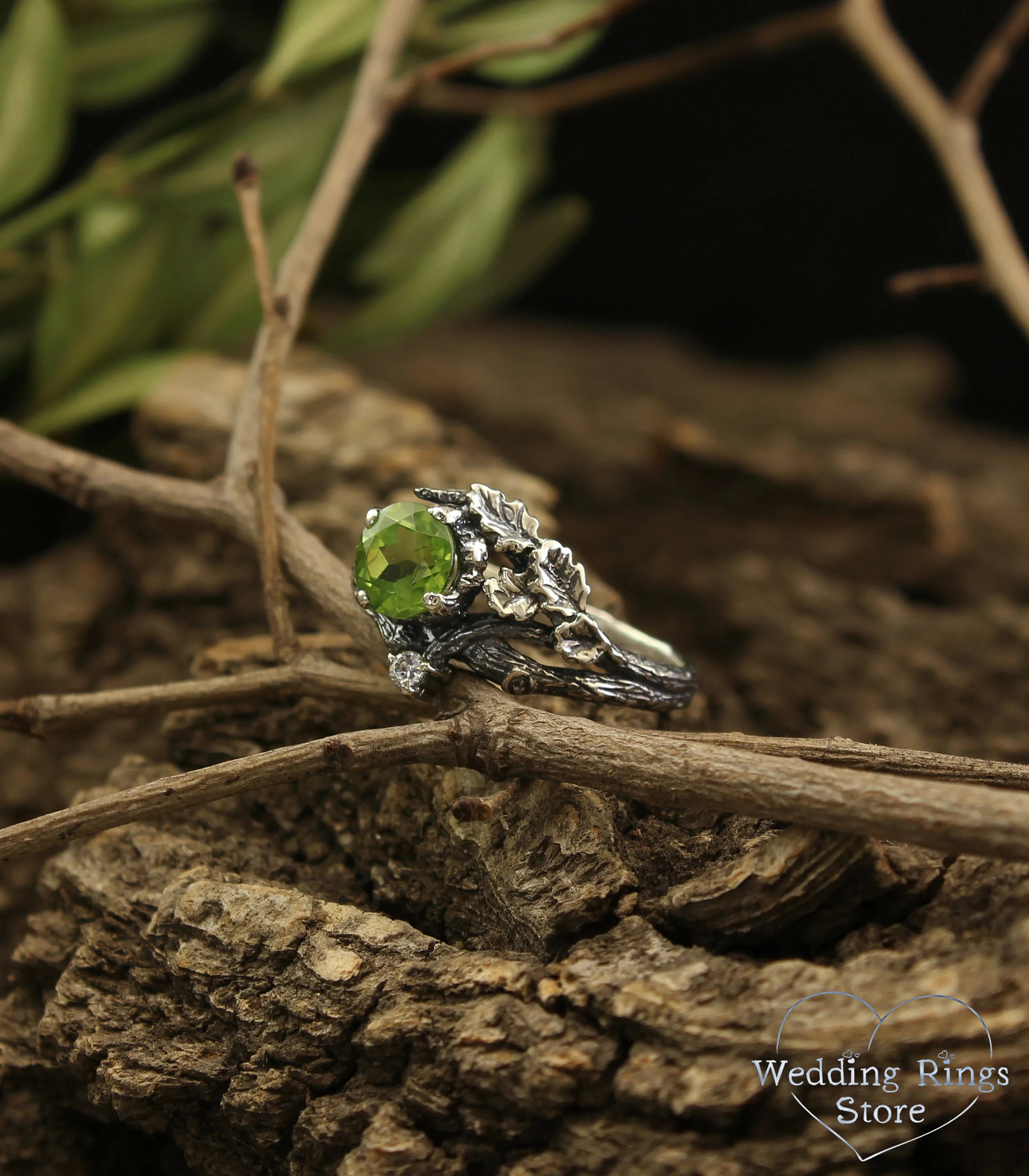 Twig Engagement Ring with Oak Leaves made in Sterling Silver