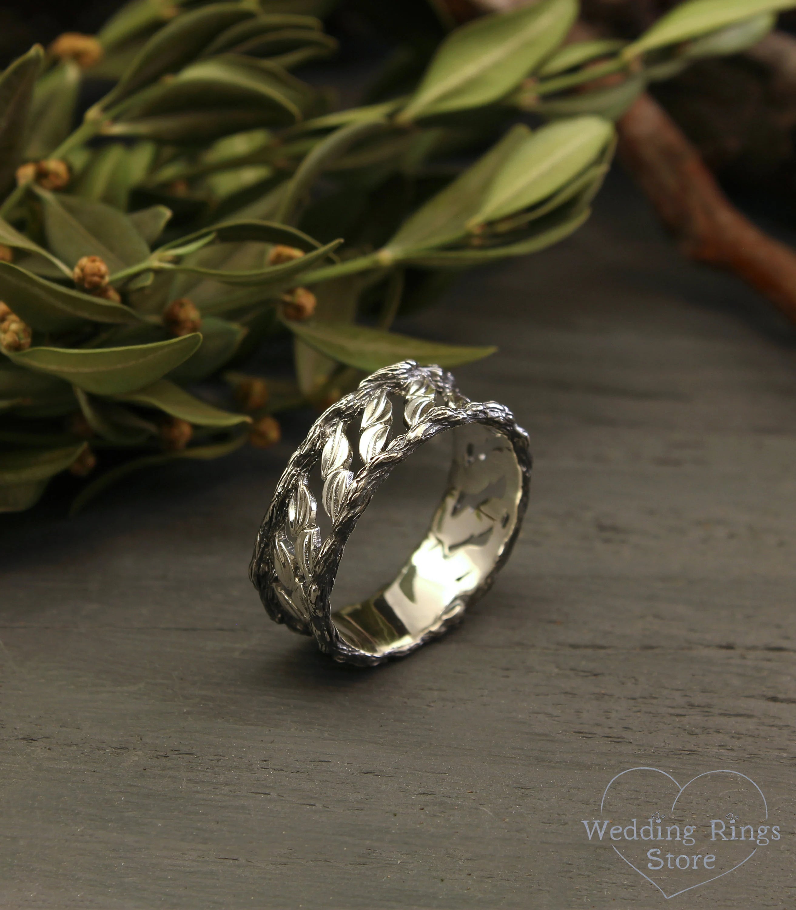 Tree & Leaf Wide Wedding Band for Him Sterling Silver