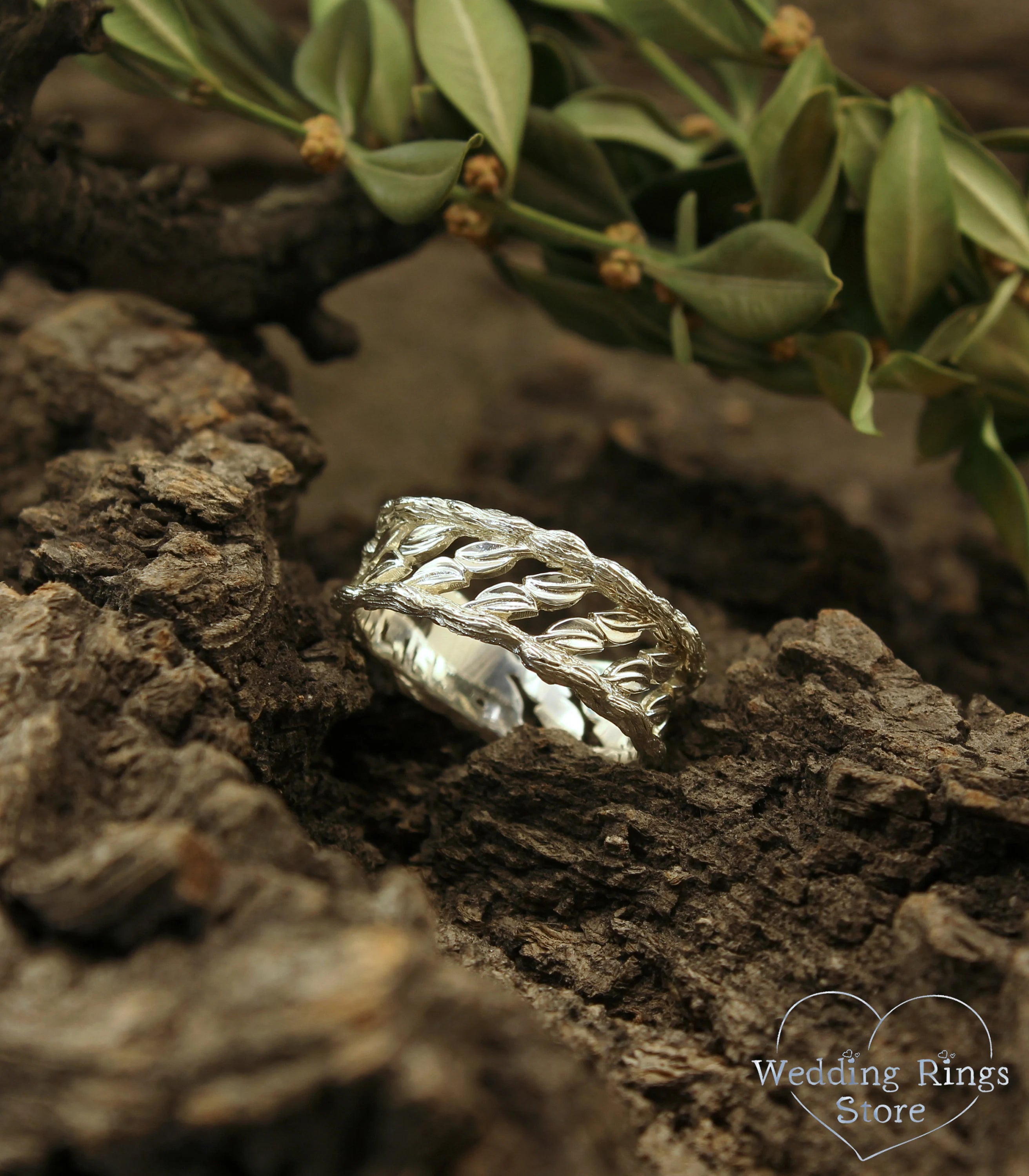 Tree & Leaf Wide Wedding Band for Him Sterling Silver