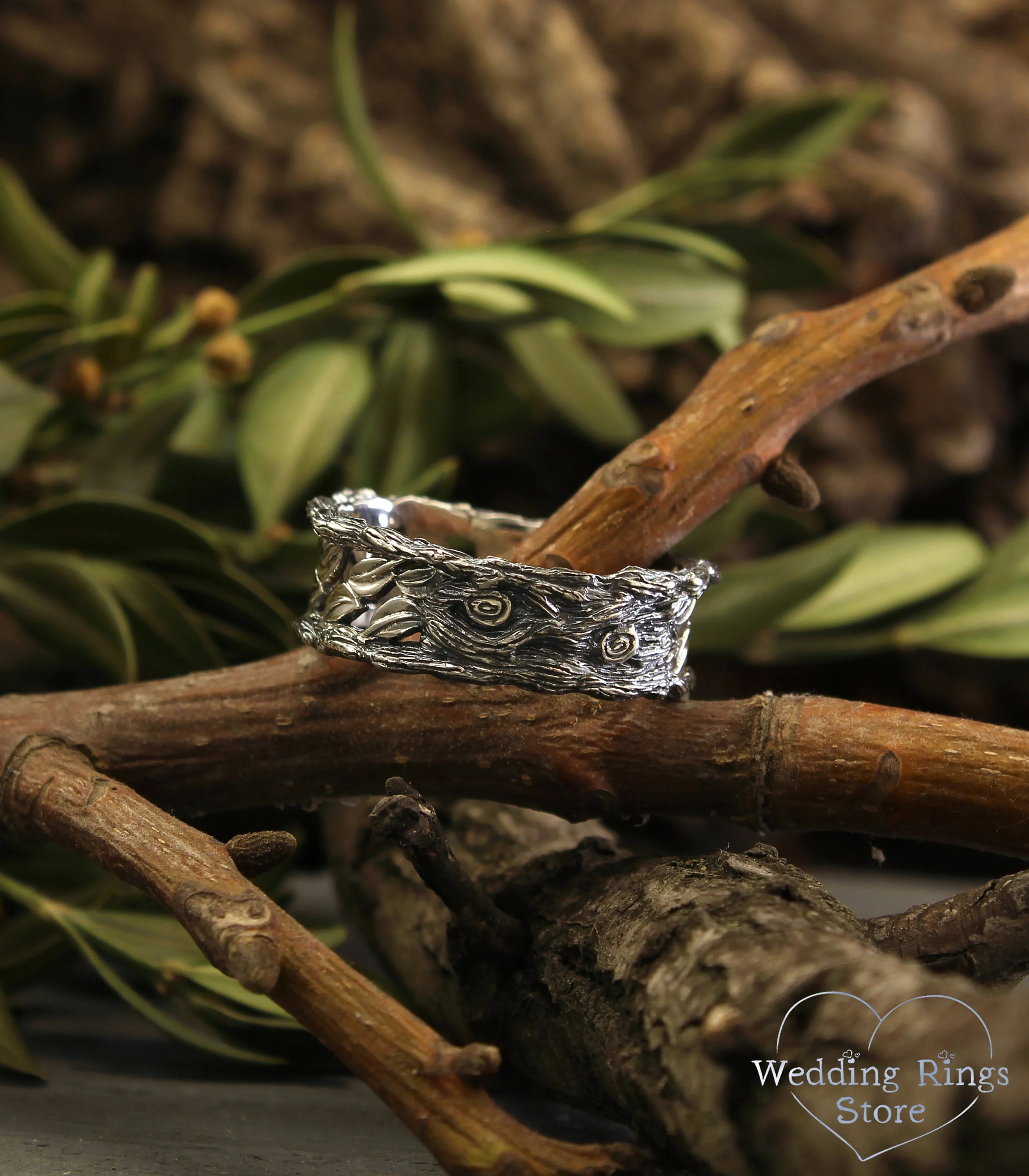 Tree & Leaf Wide Wedding Band for Him Sterling Silver