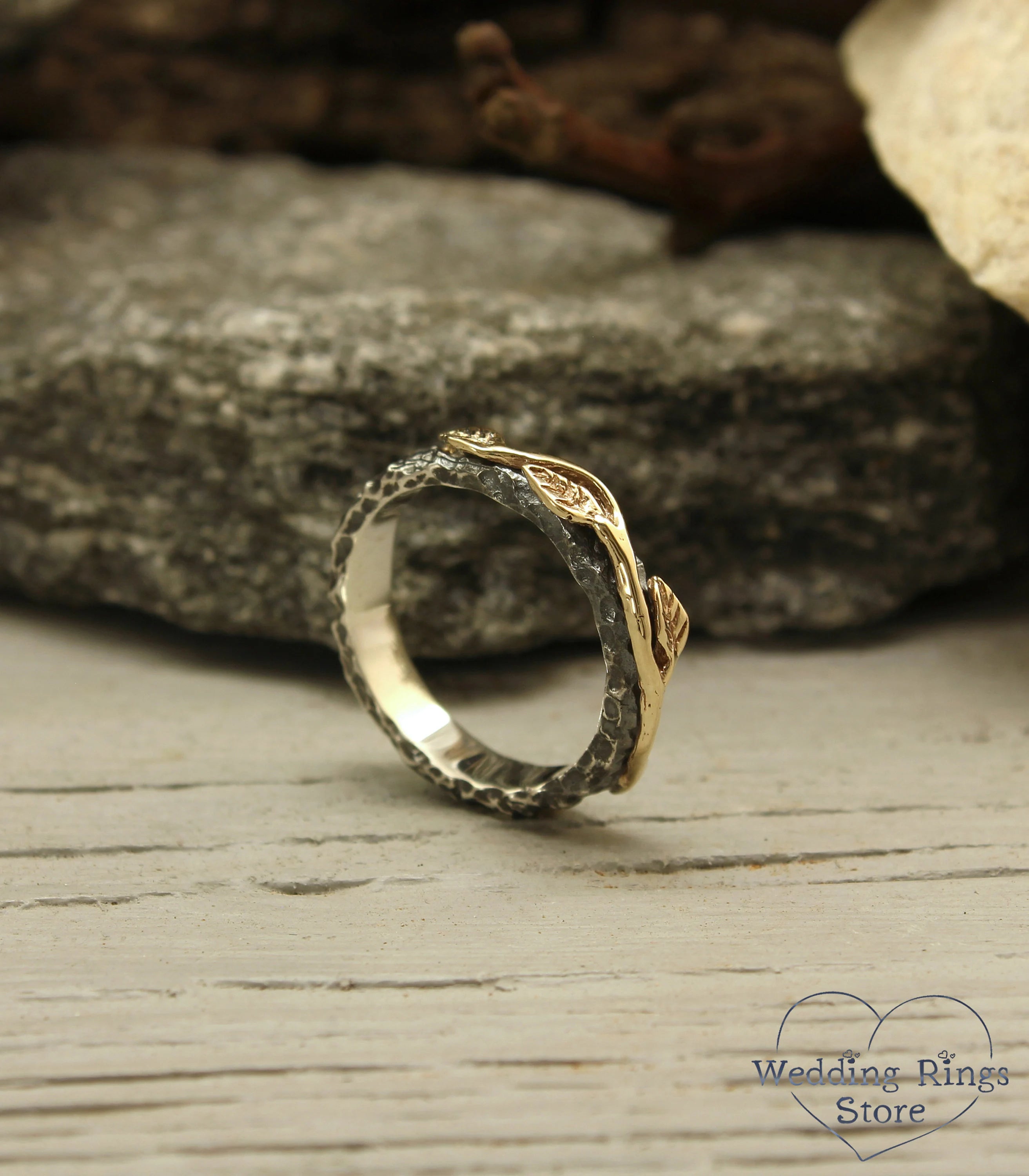 Gold Leaves and Unique Rocky Surface Mixed Metal Ring