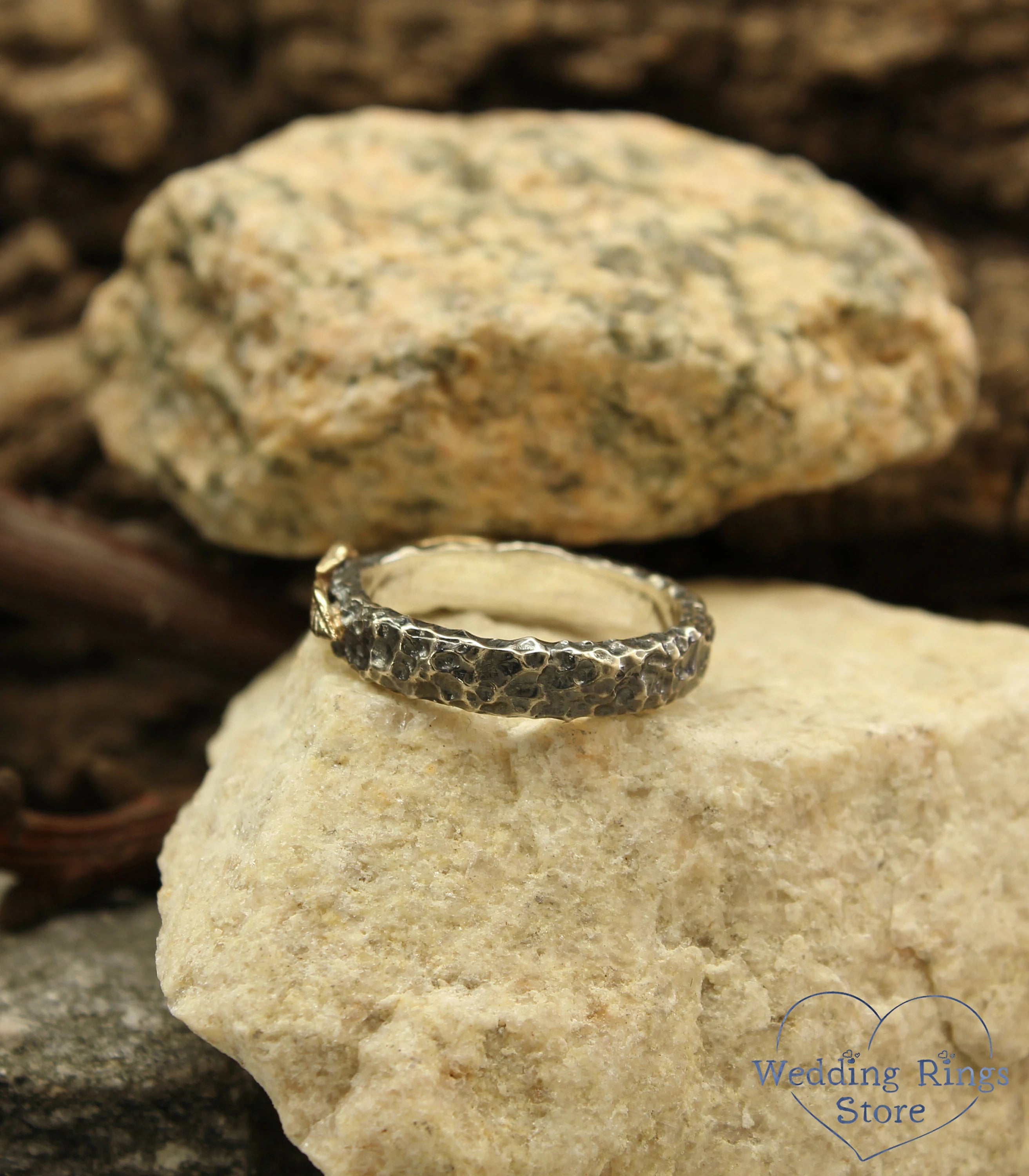 Gold Leaves and Unique Rocky Surface Mixed Metal Ring