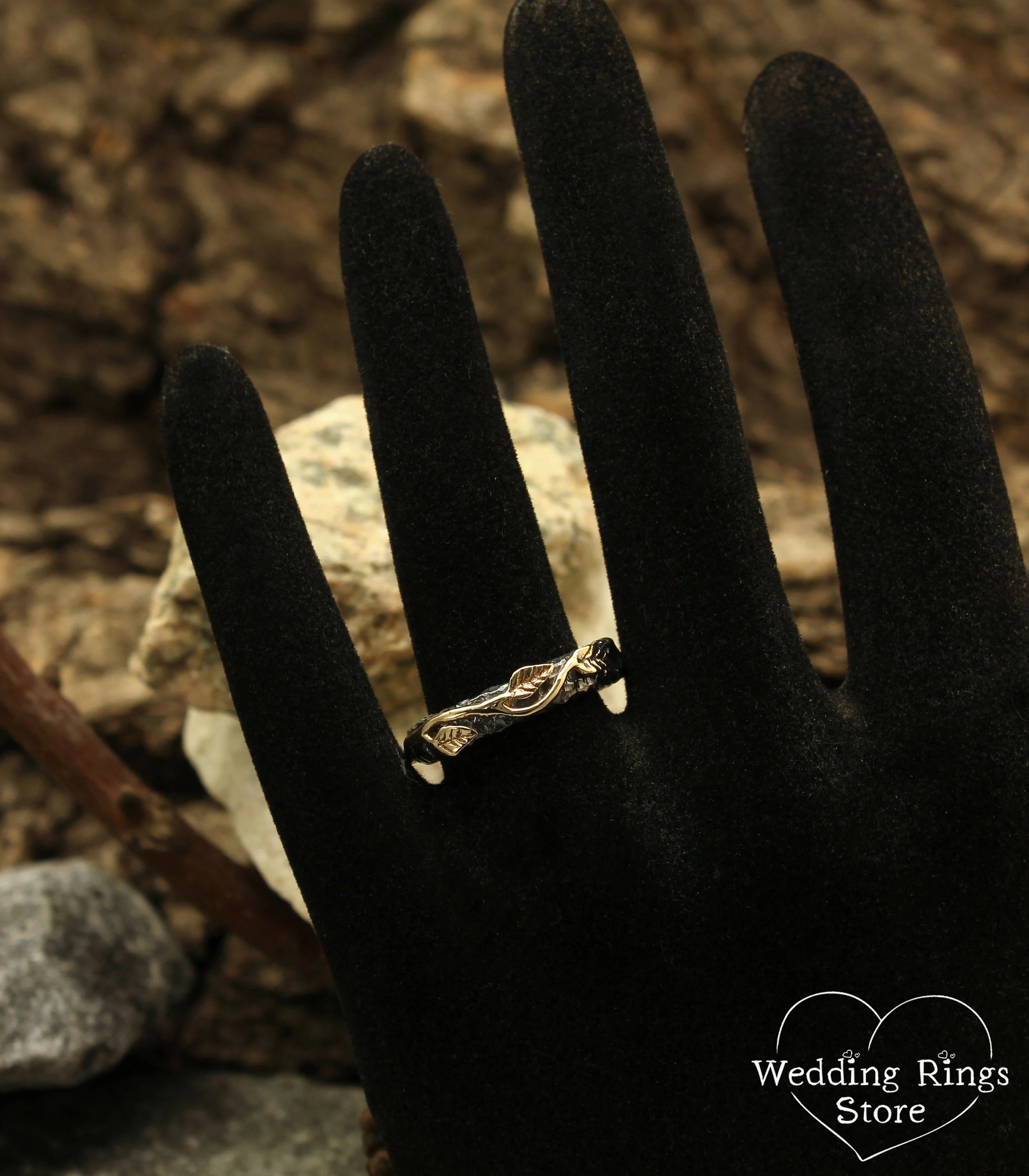 Gold Leaves and Unique Rocky Surface Mixed Metal Ring