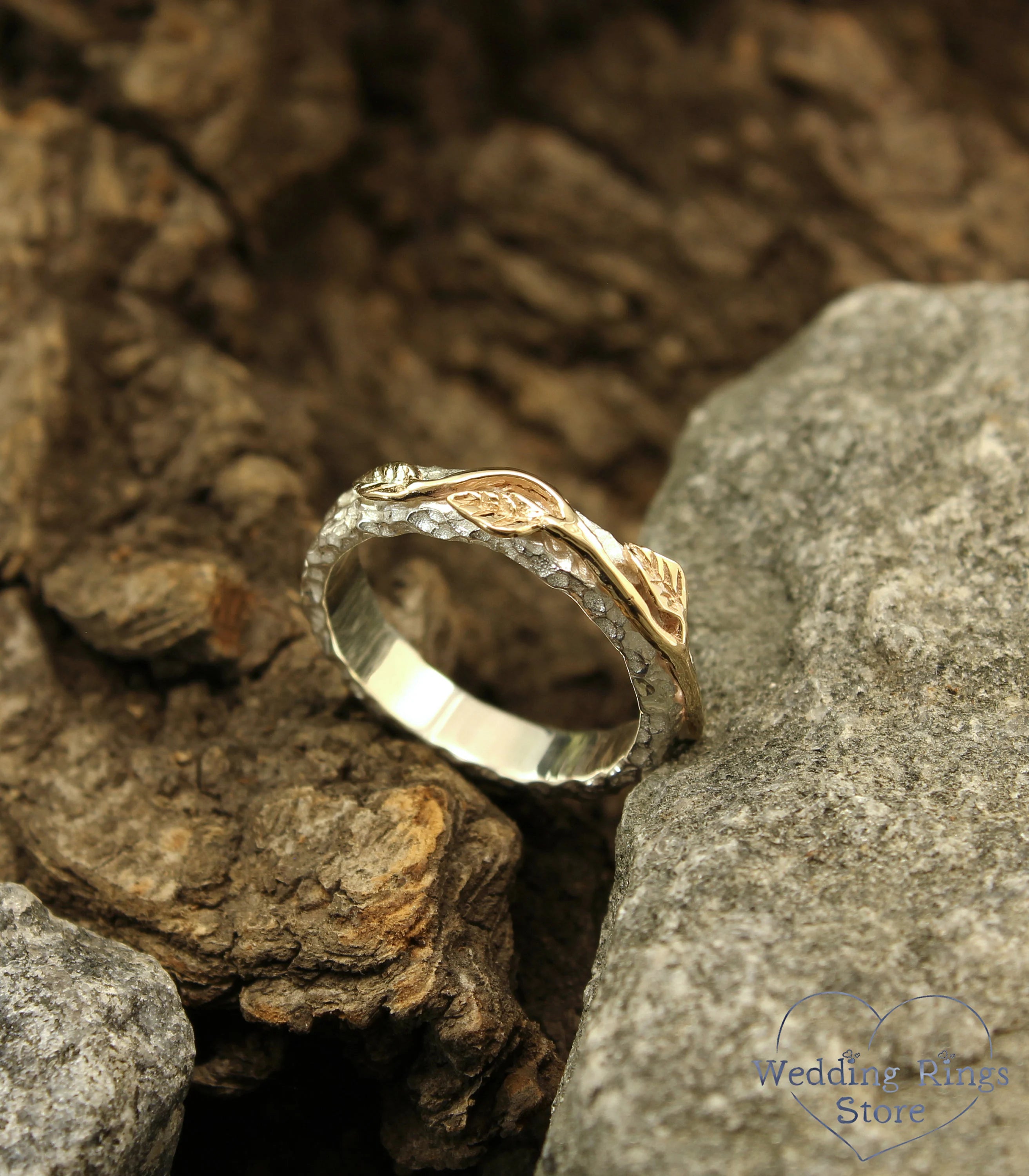 Gold Leaves and Unique Rocky Surface Mixed Metal Ring