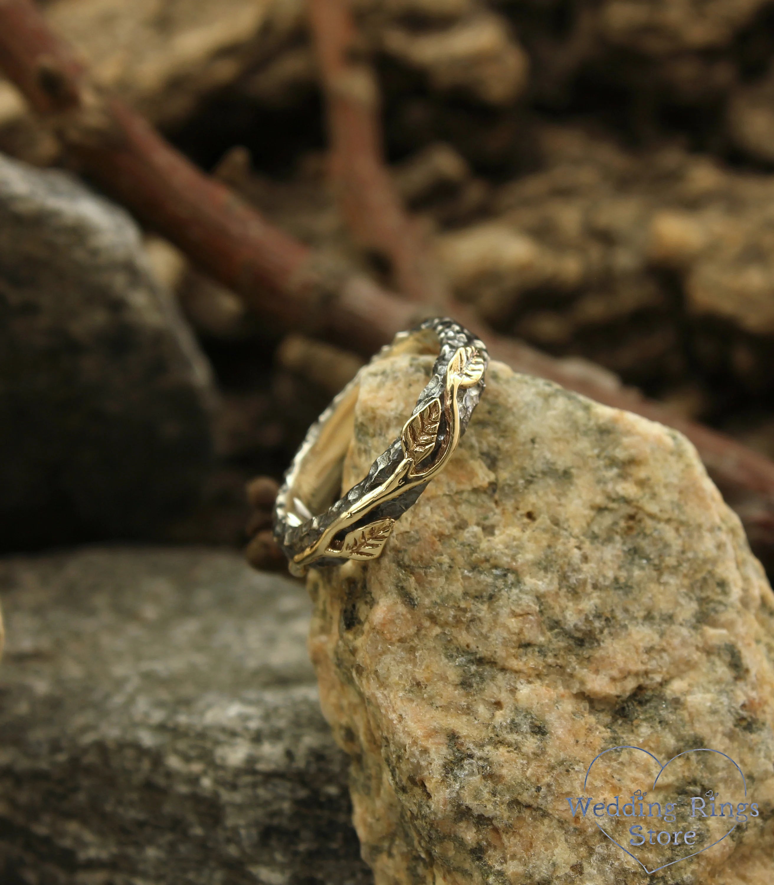 Gold Leaves and Unique Rocky Surface Mixed Metal Ring