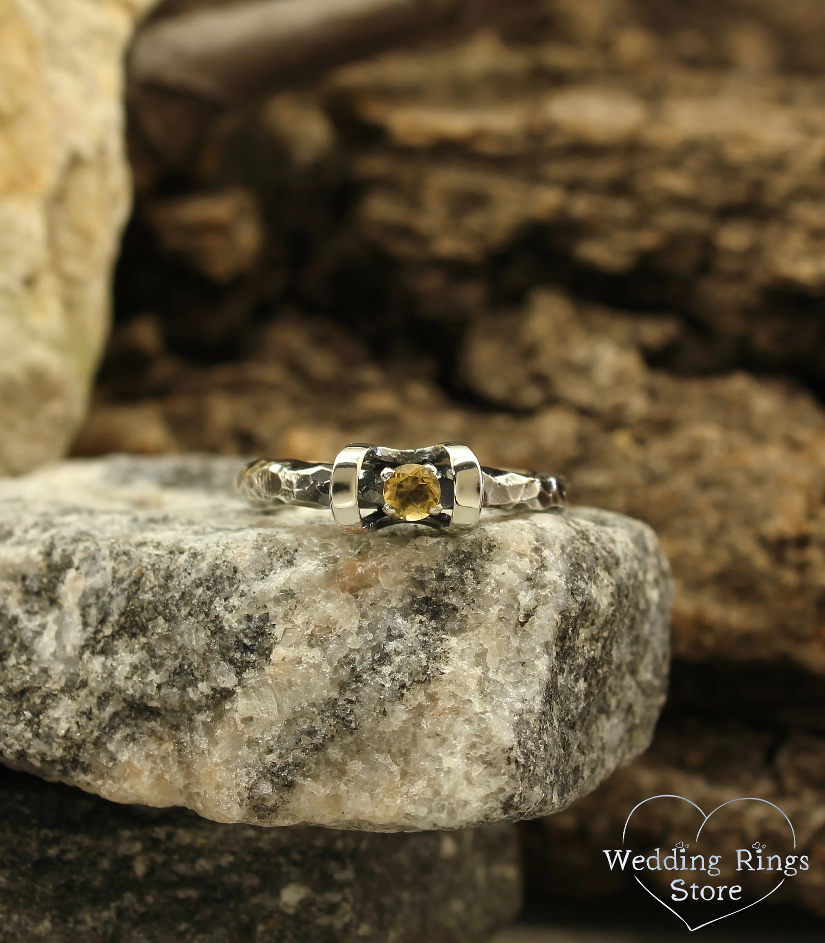 Rocky & Hammered Silver Engagement Ring with Citrine