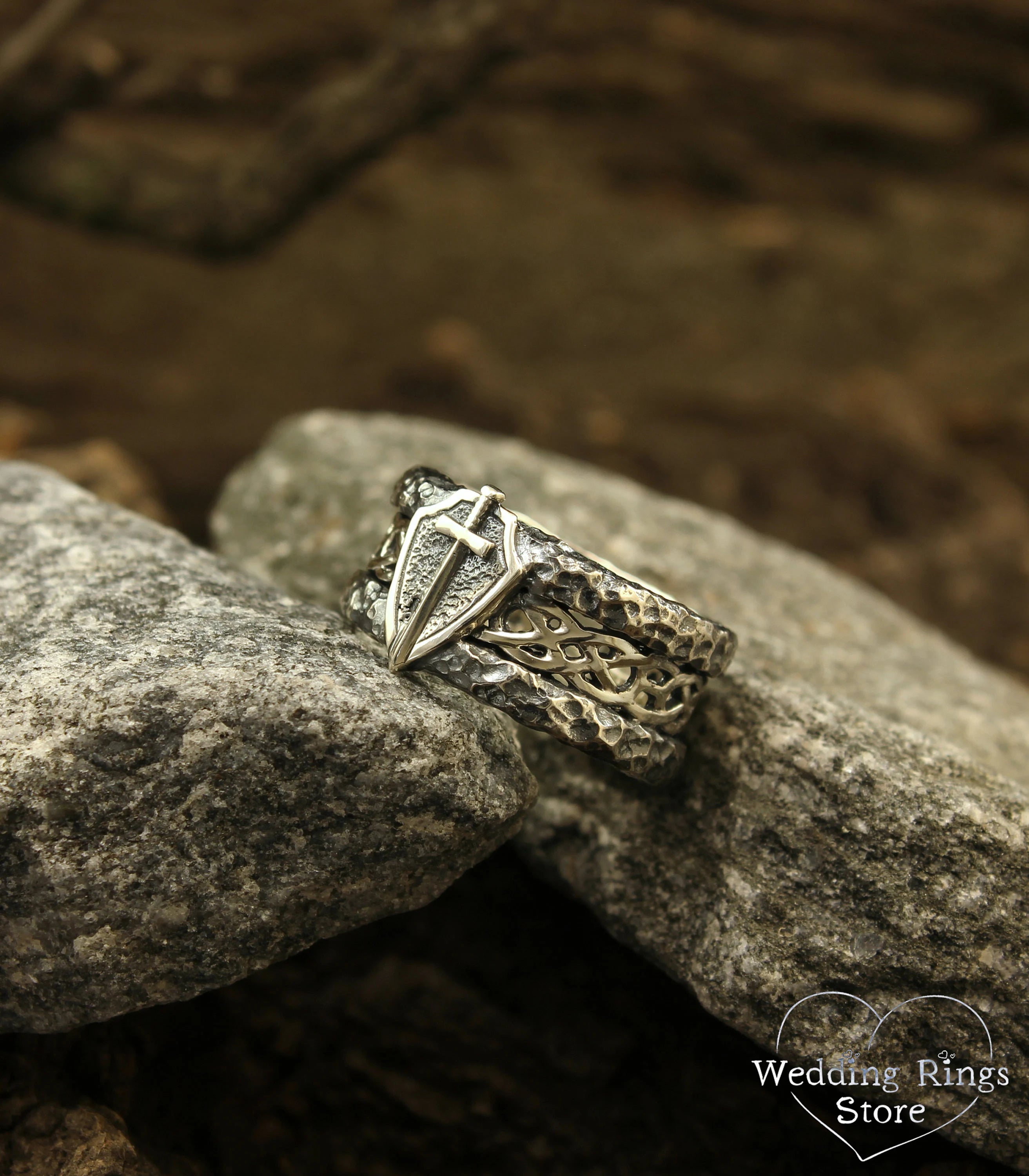 Wide Silver Men's Sword and Shield Ring Hammered Edges