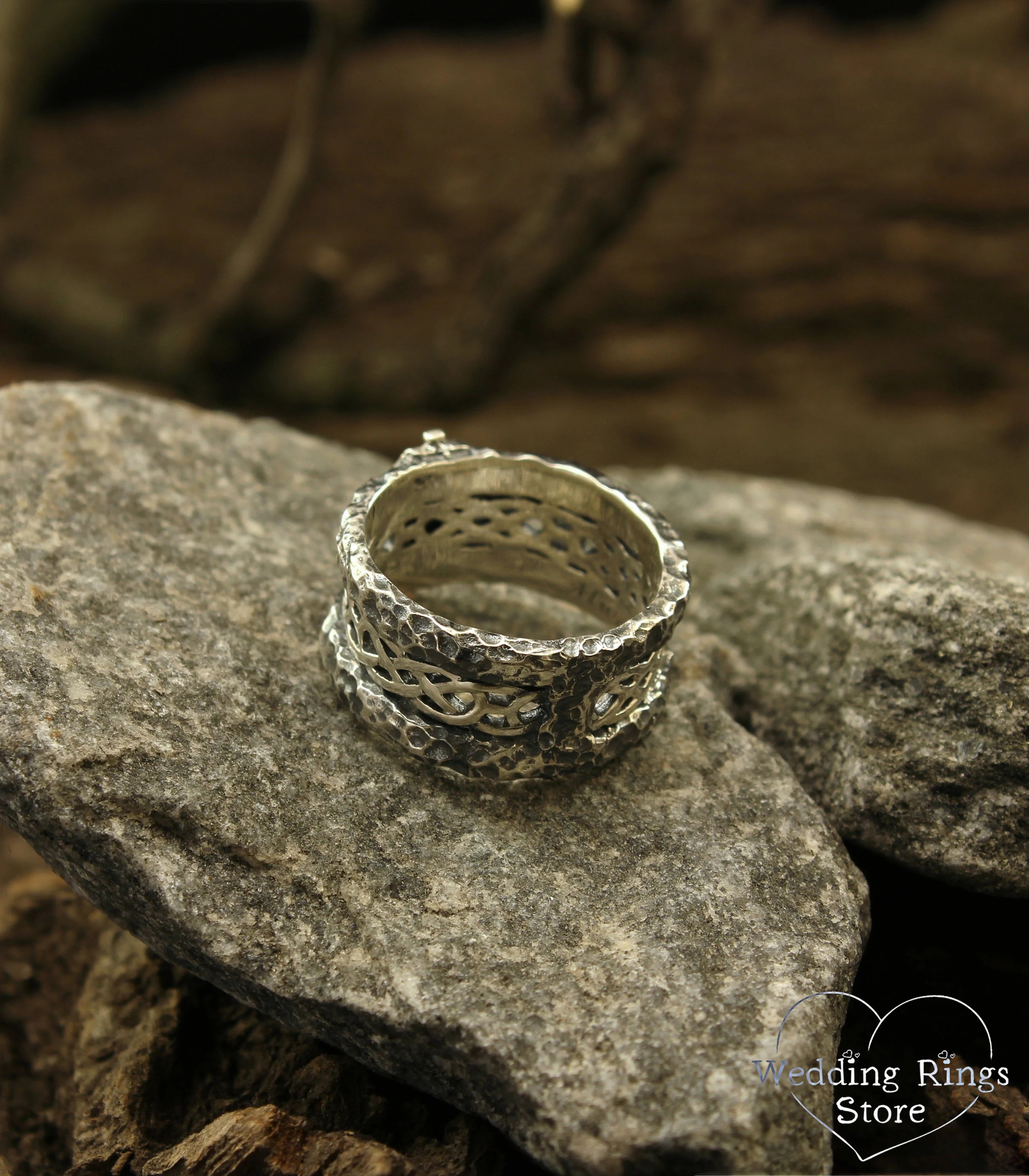 Wide Silver Men's Sword and Shield Ring Hammered Edges