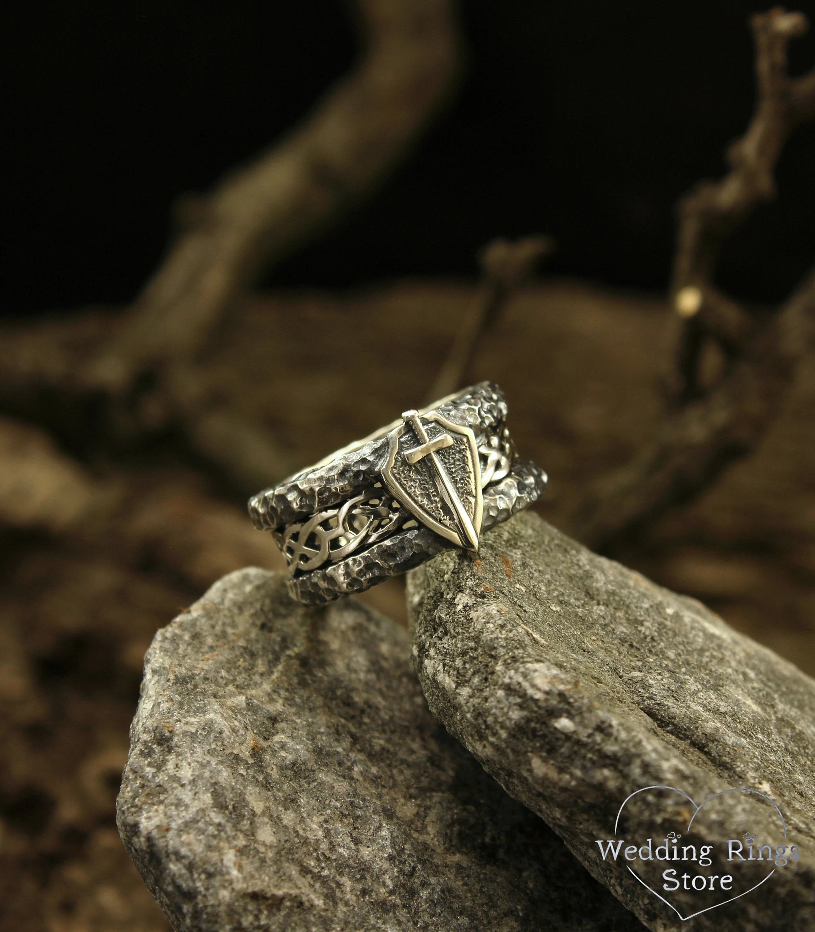 Wide Silver Men's Sword and Shield Ring Hammered Edges