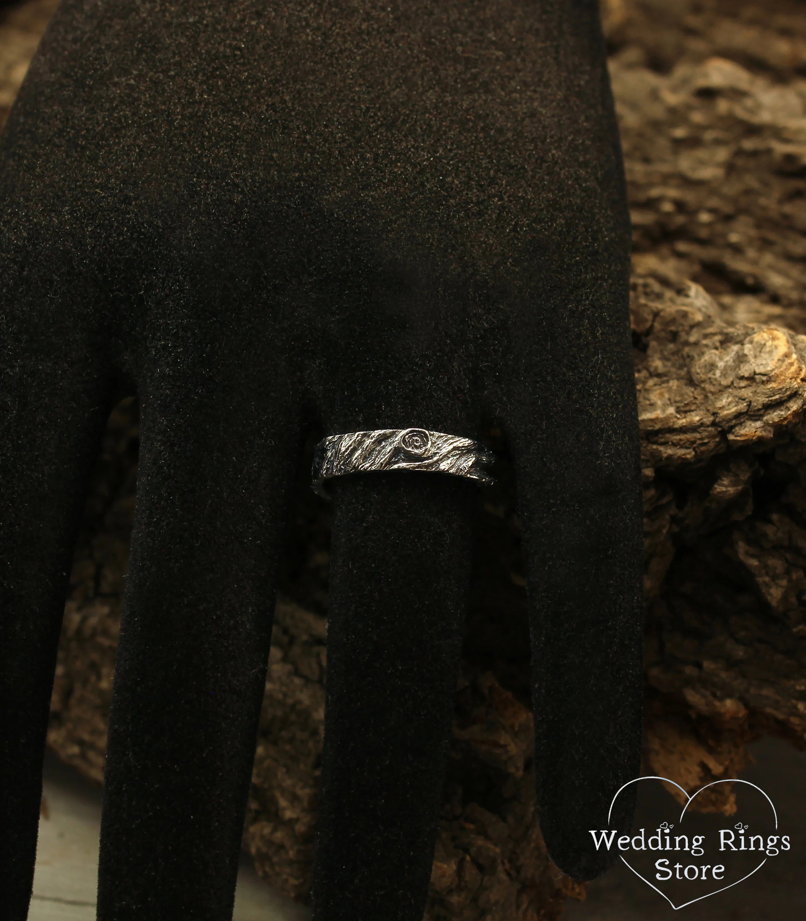 Simple Rustic Woodbark Silver Wedding Bands Set