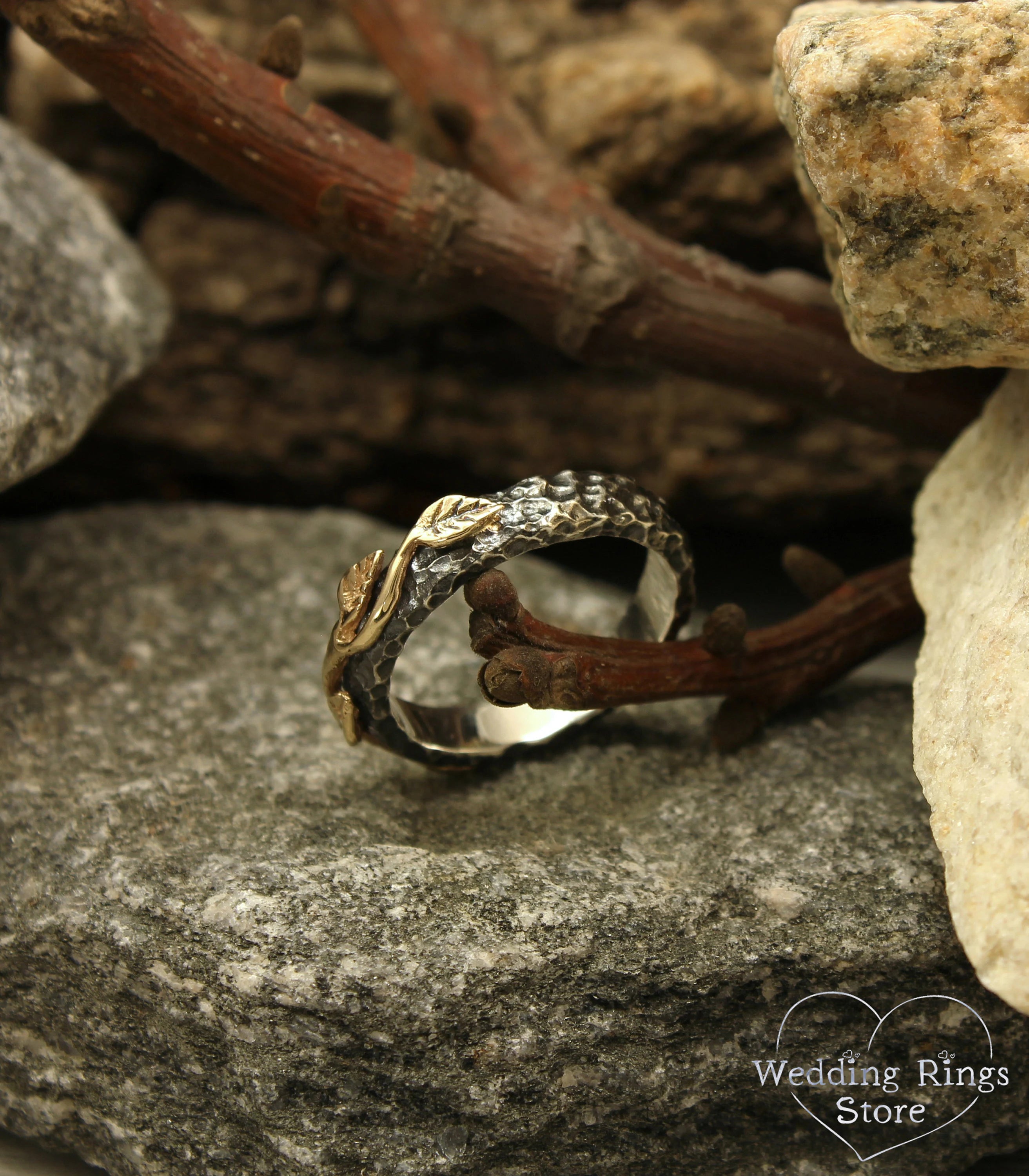 Gold Leaves and Unique Rocky Surface Mixed Metal Ring