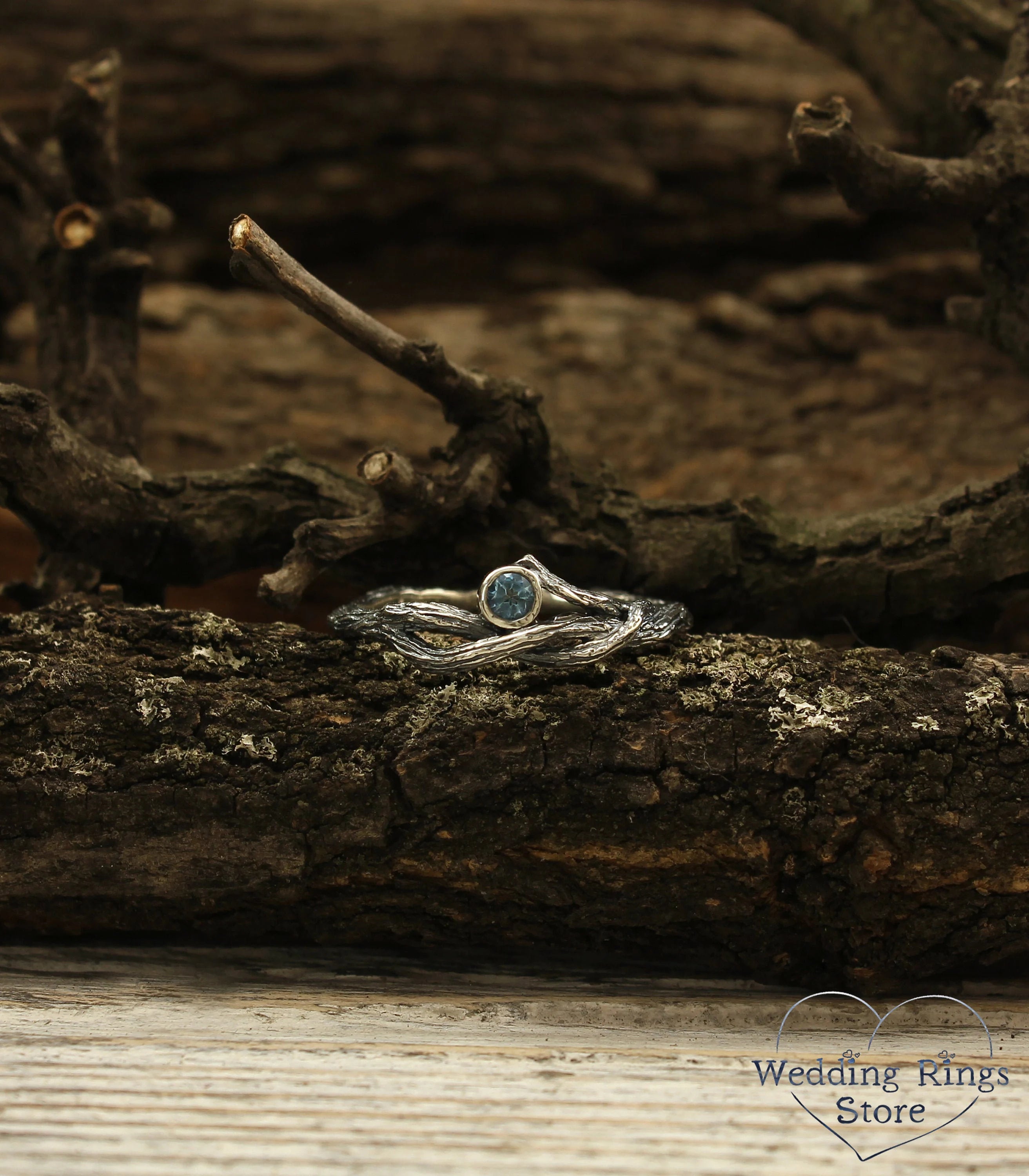 Delicate Silver Twisted Branch Topaz Engagement Ring