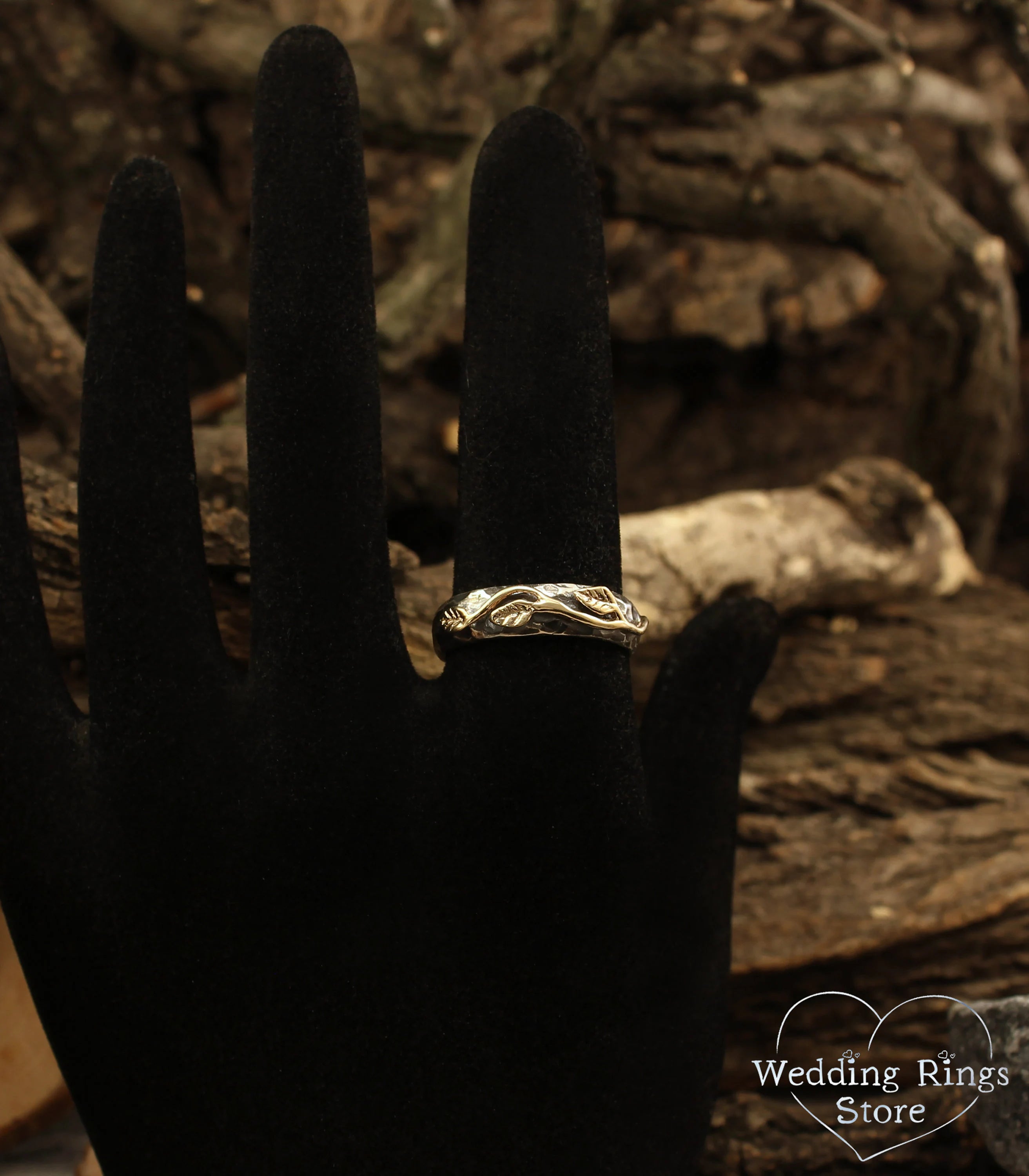 Gold Leaves Hammered Silver Wedding Ring