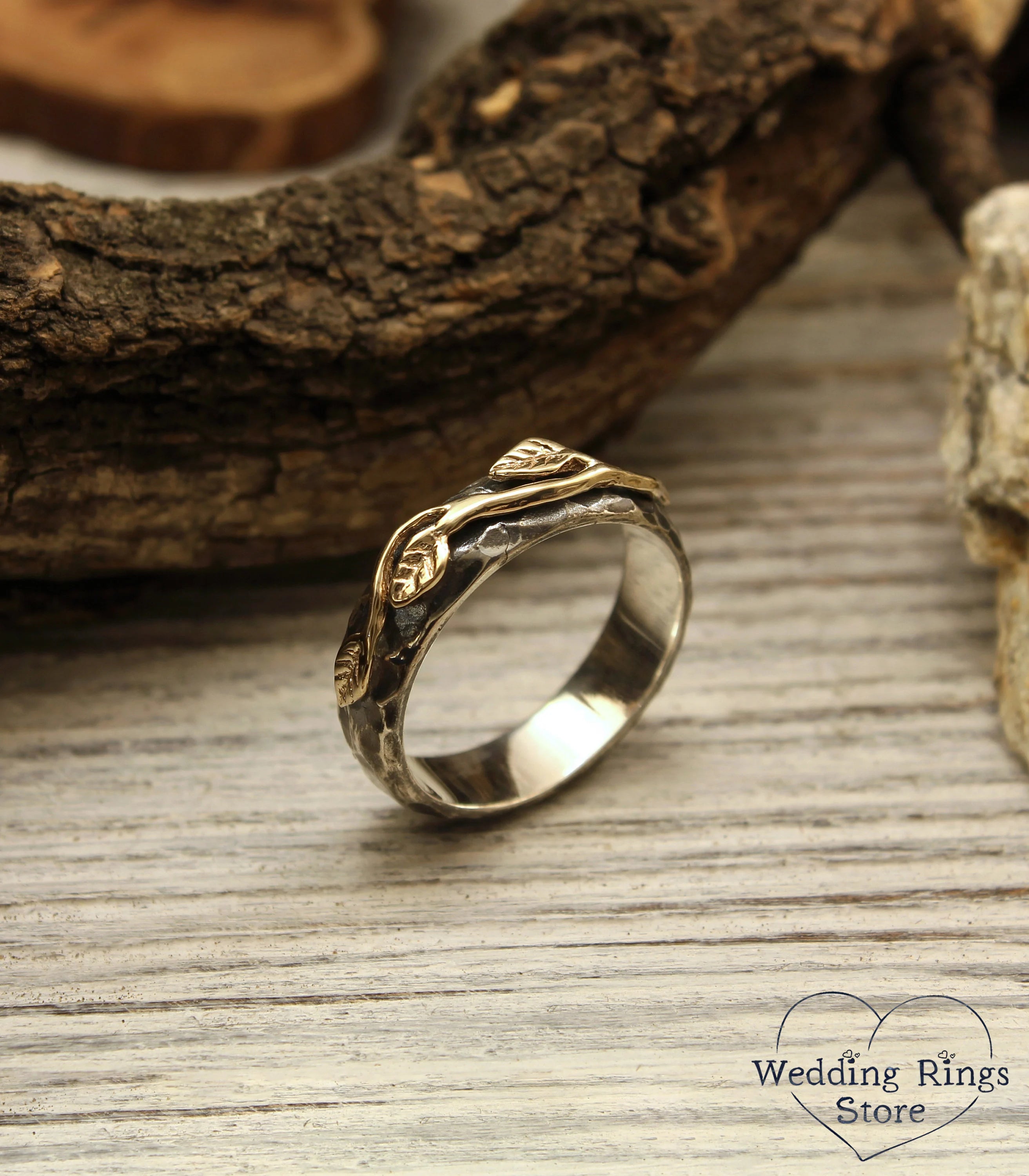 Gold Leaves Hammered Silver Wedding Ring