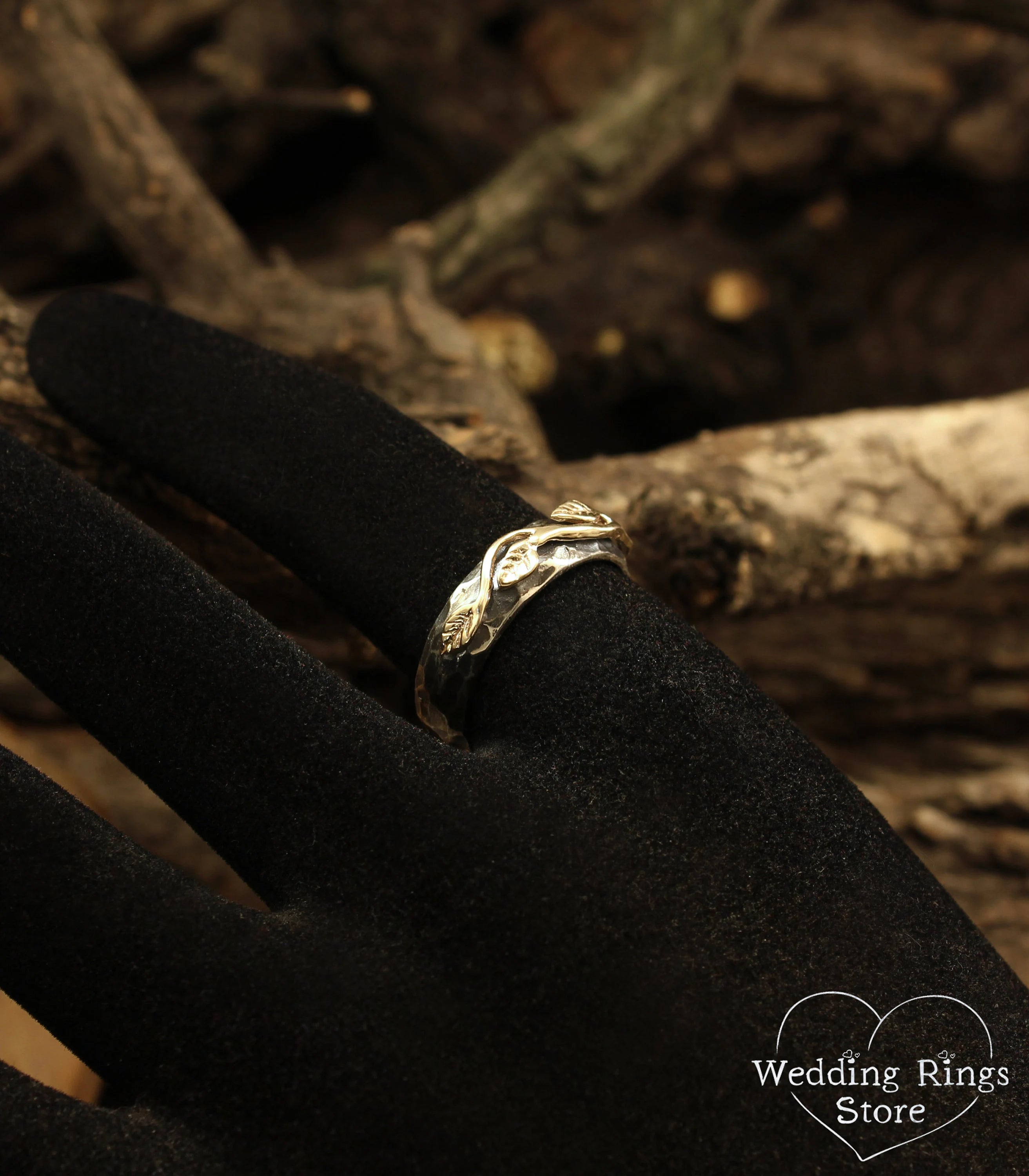 Gold Leaves Hammered Silver Wedding Ring