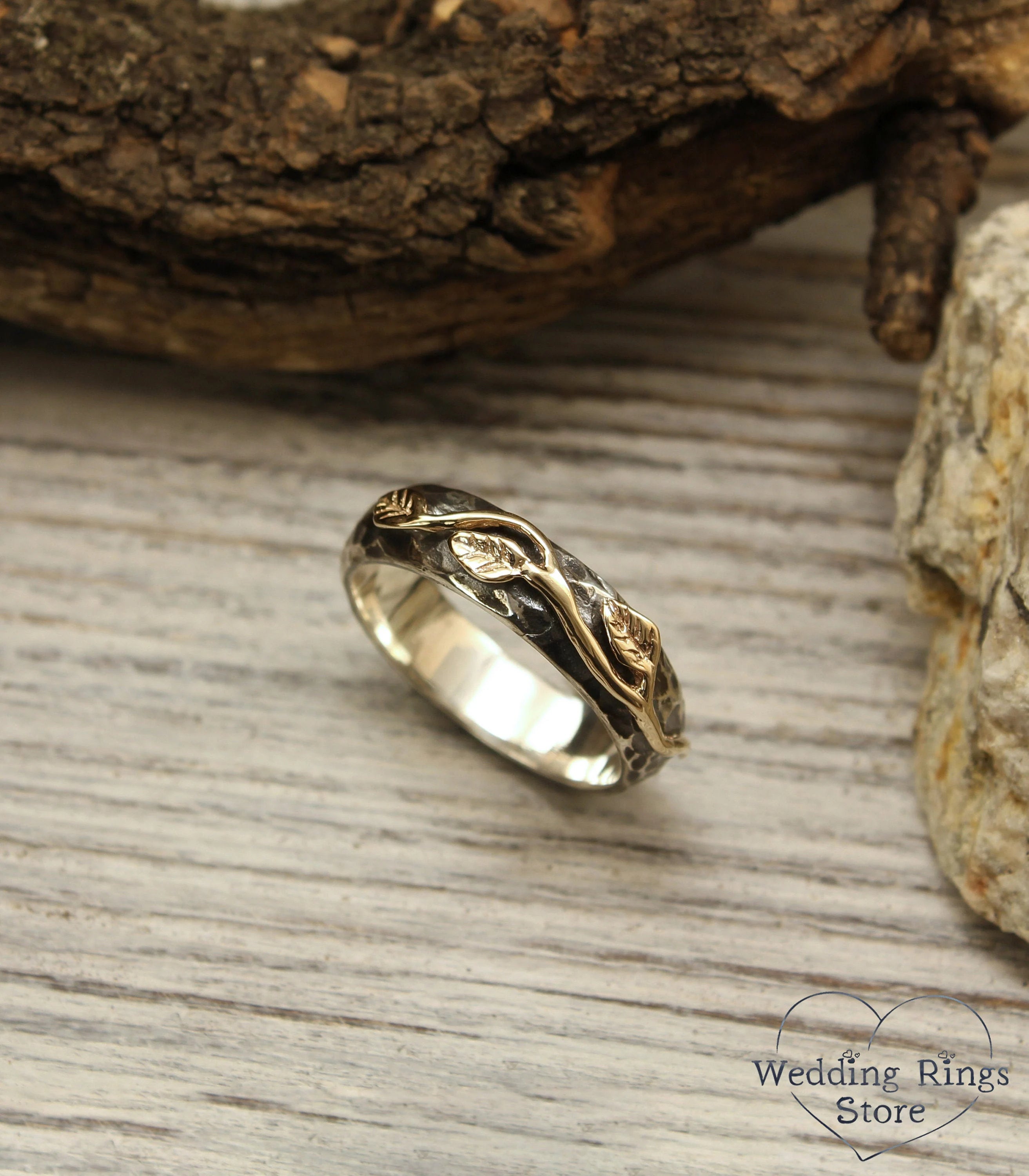 Gold Leaves Hammered Silver Wedding Ring