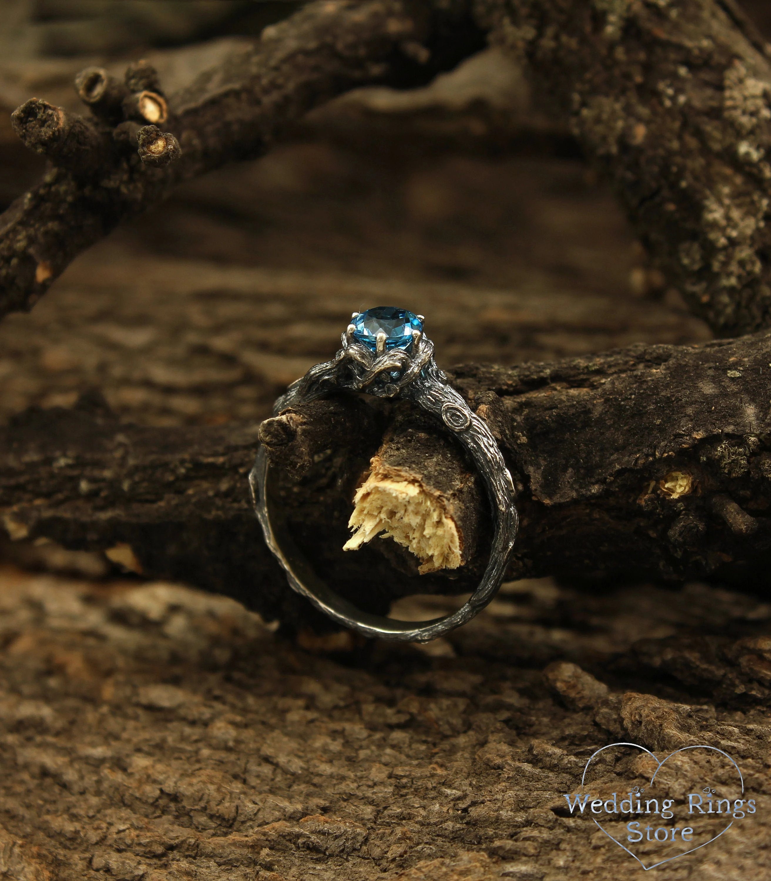 Magic and Unique Silver Branch Engagement Ring with Topaz