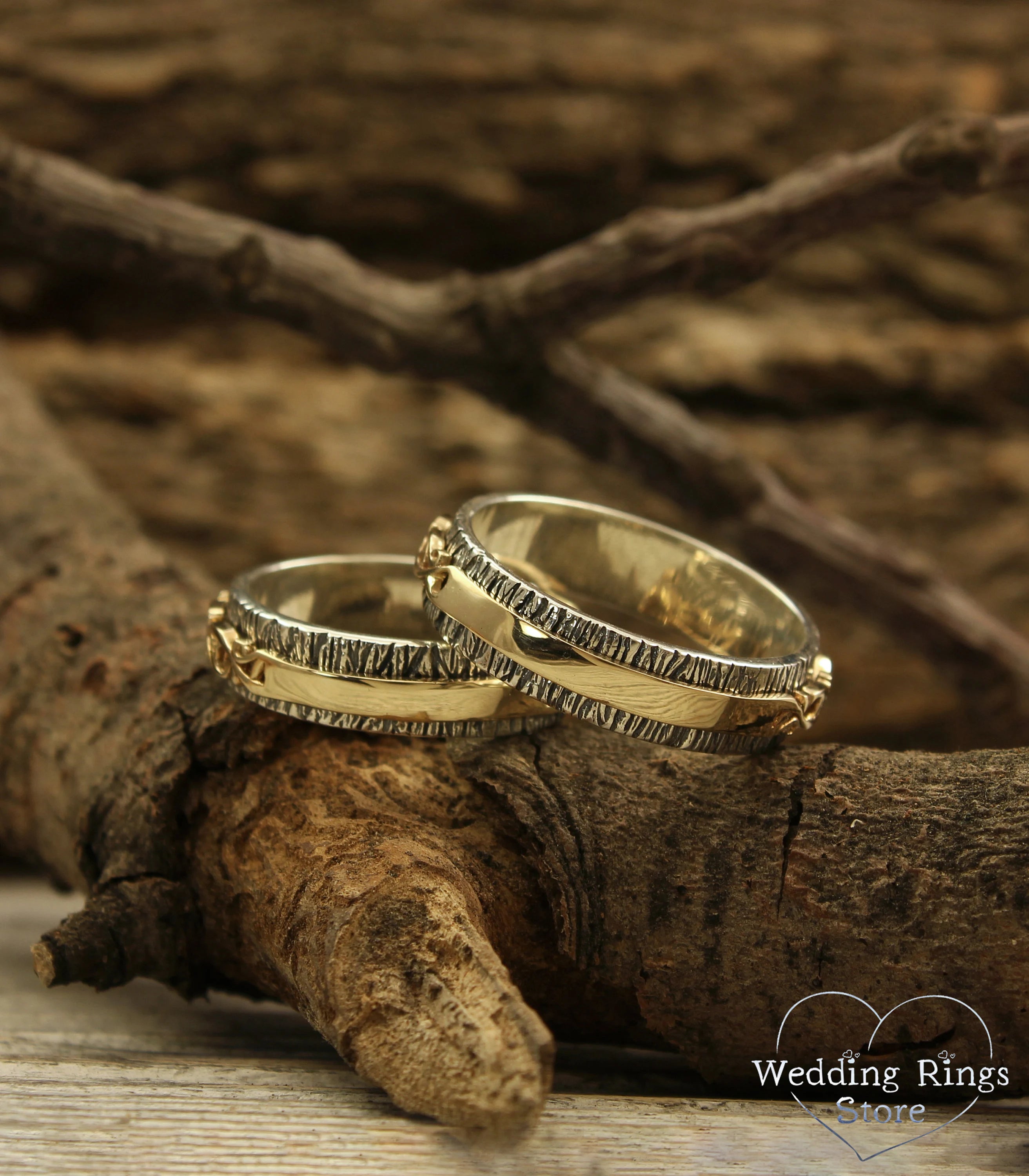 Gold Vine on Silver Woodbark Couple Wedding Bands Set