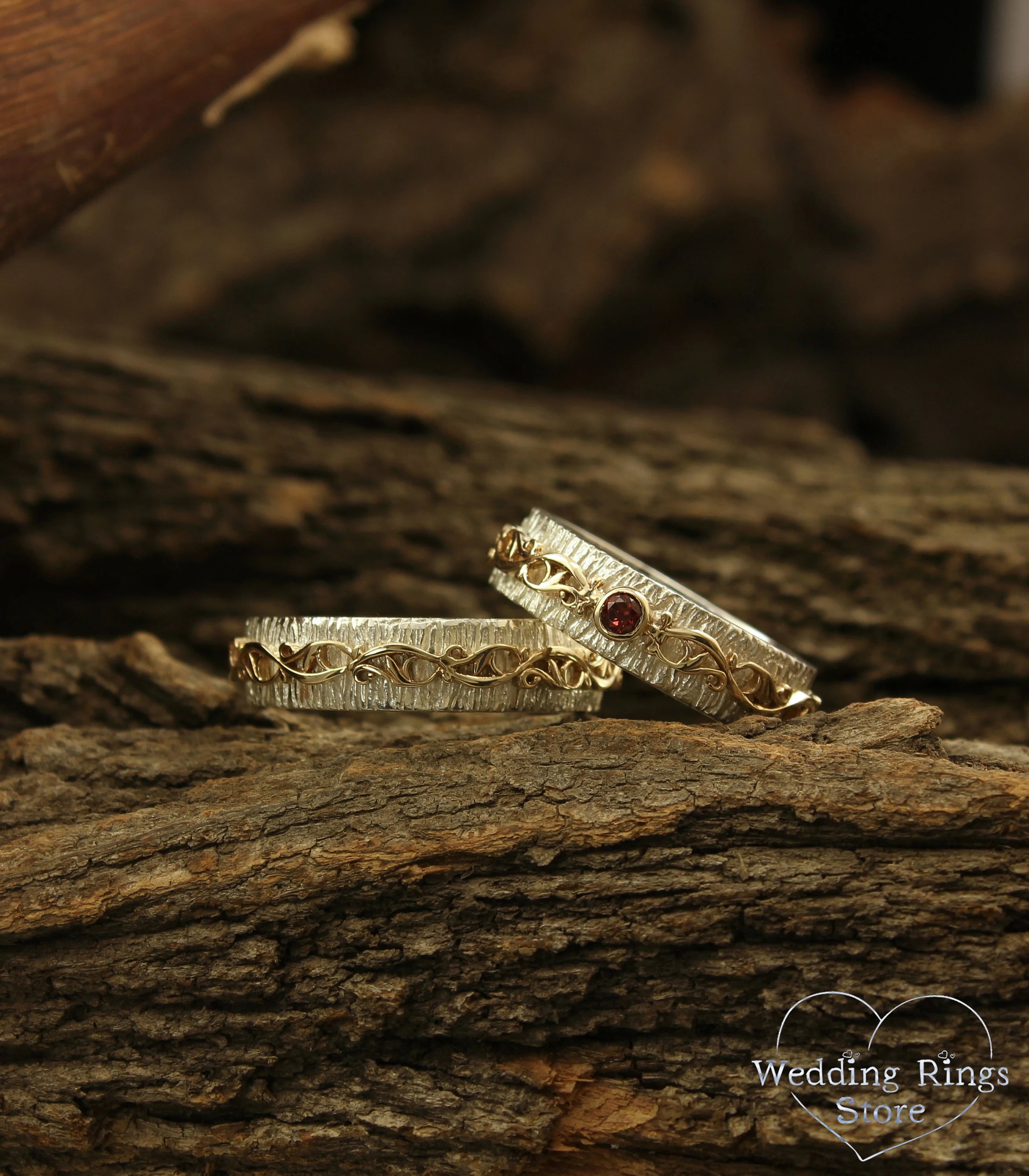 Gold Vine on Silver Woodbark Couple Wedding Bands Set