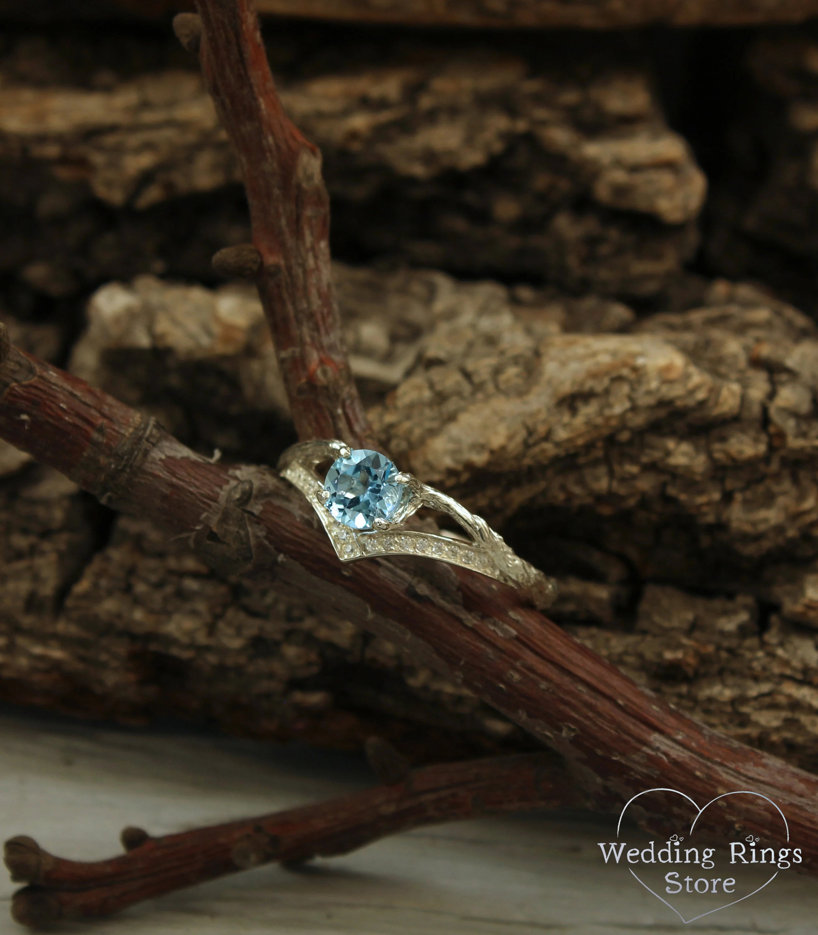 Delicate Chevron Branch Engagement Ring with Topaz