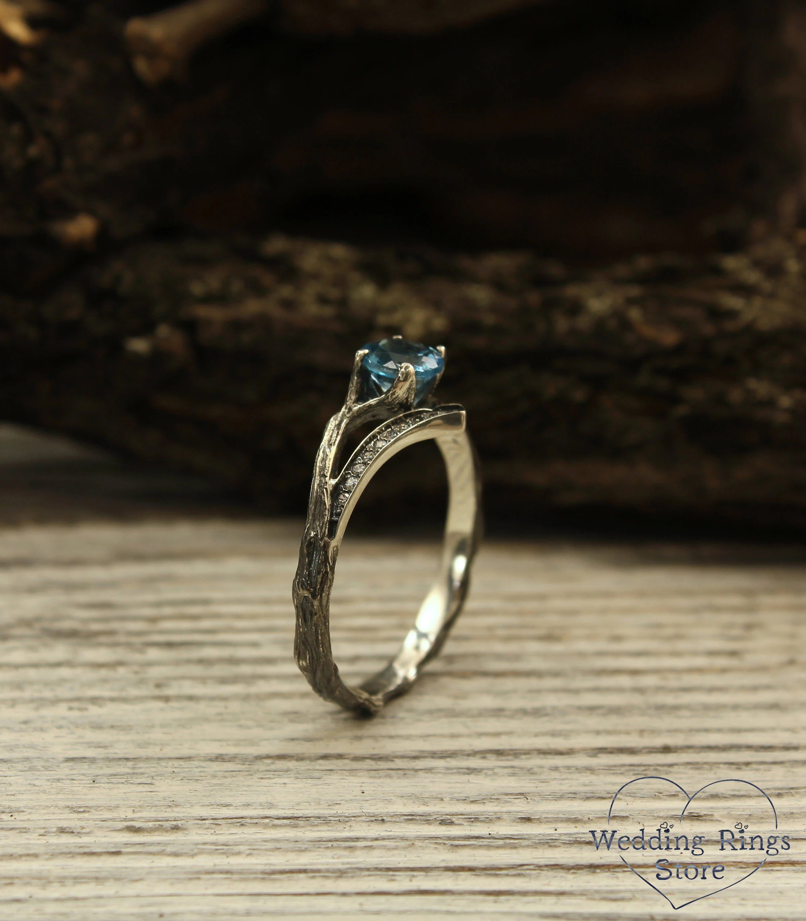 Delicate Chevron Branch Engagement Ring with Topaz