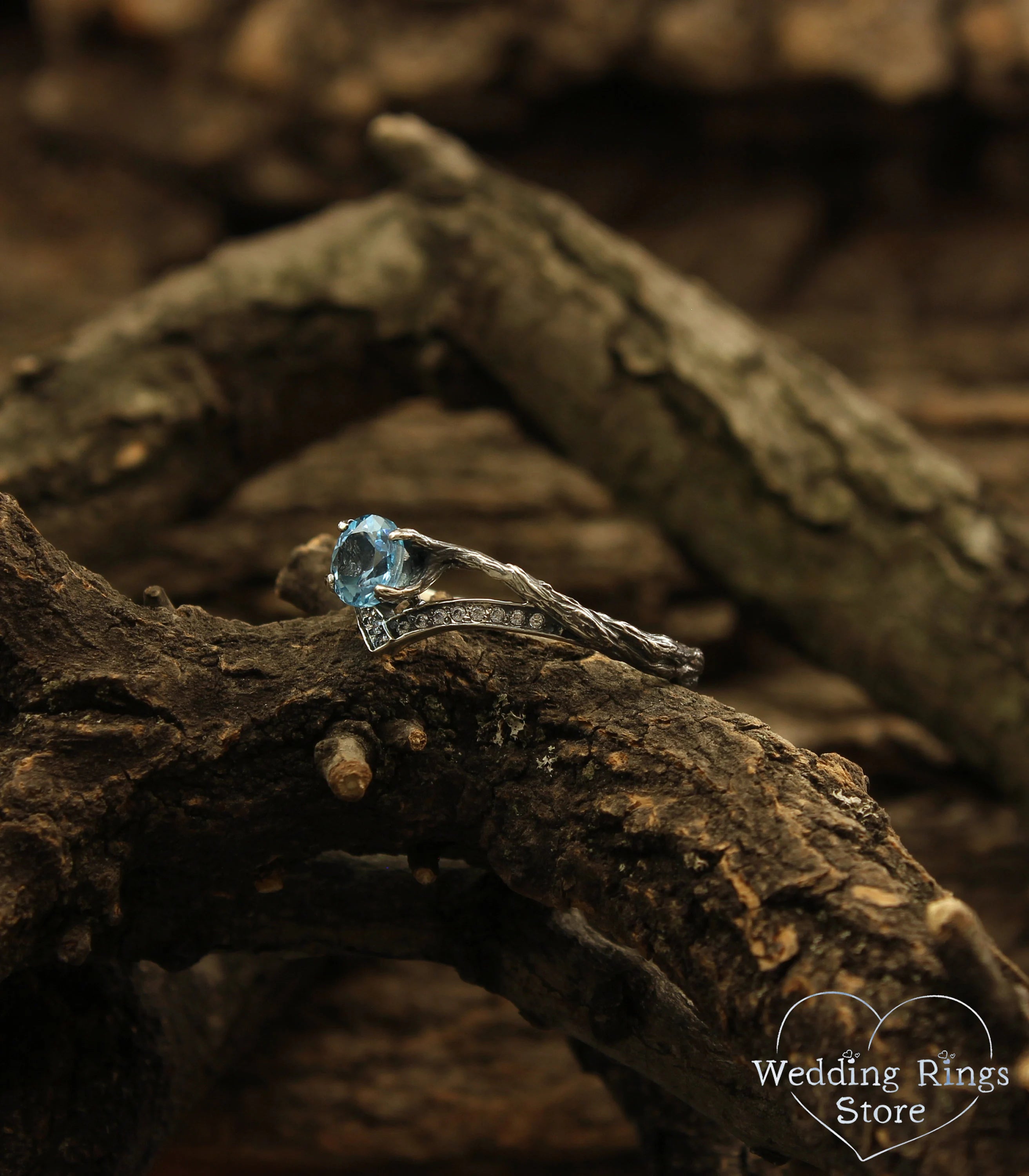 Delicate Chevron Branch Engagement Ring with Topaz