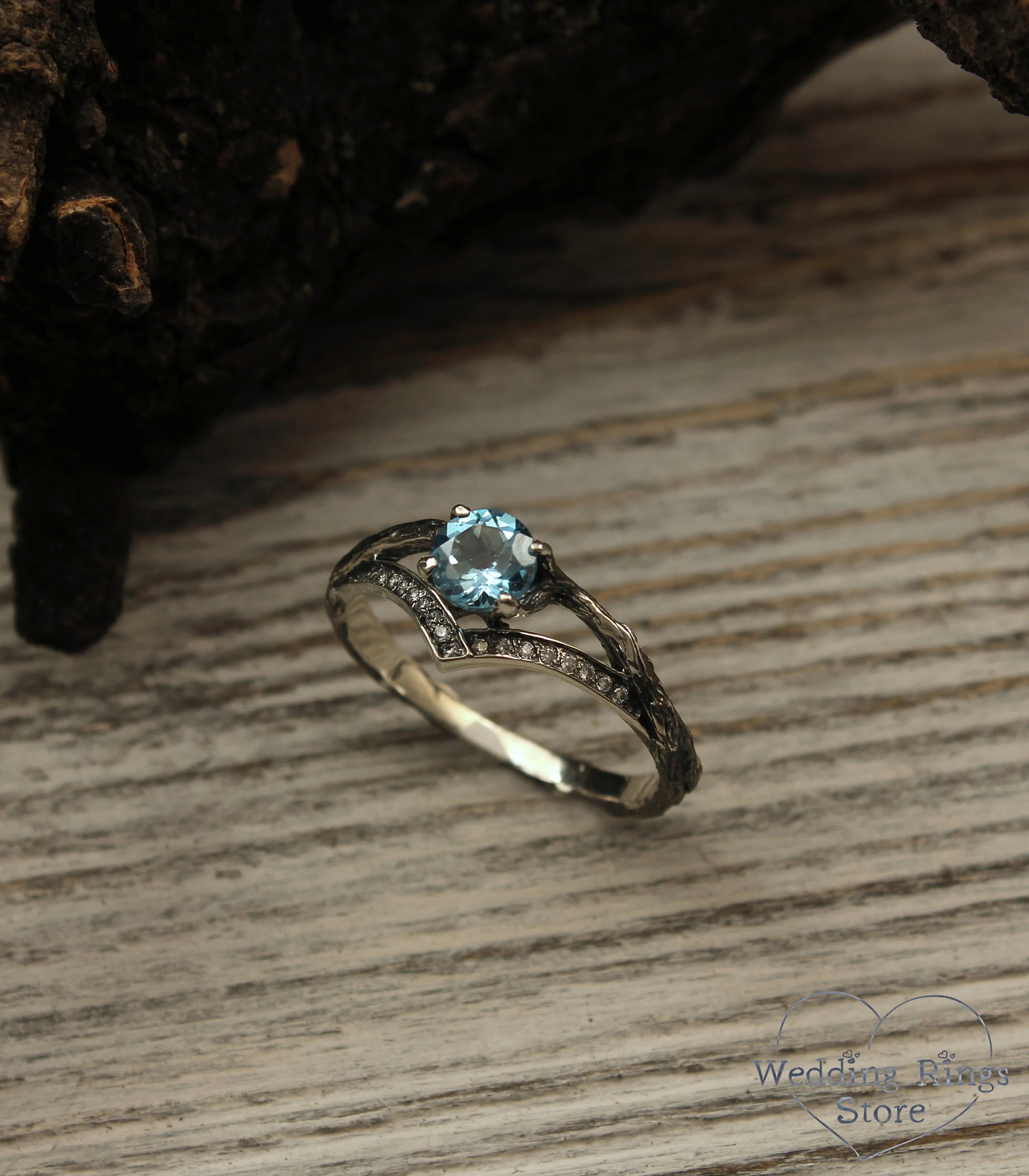 Delicate Chevron Branch Engagement Ring with Topaz