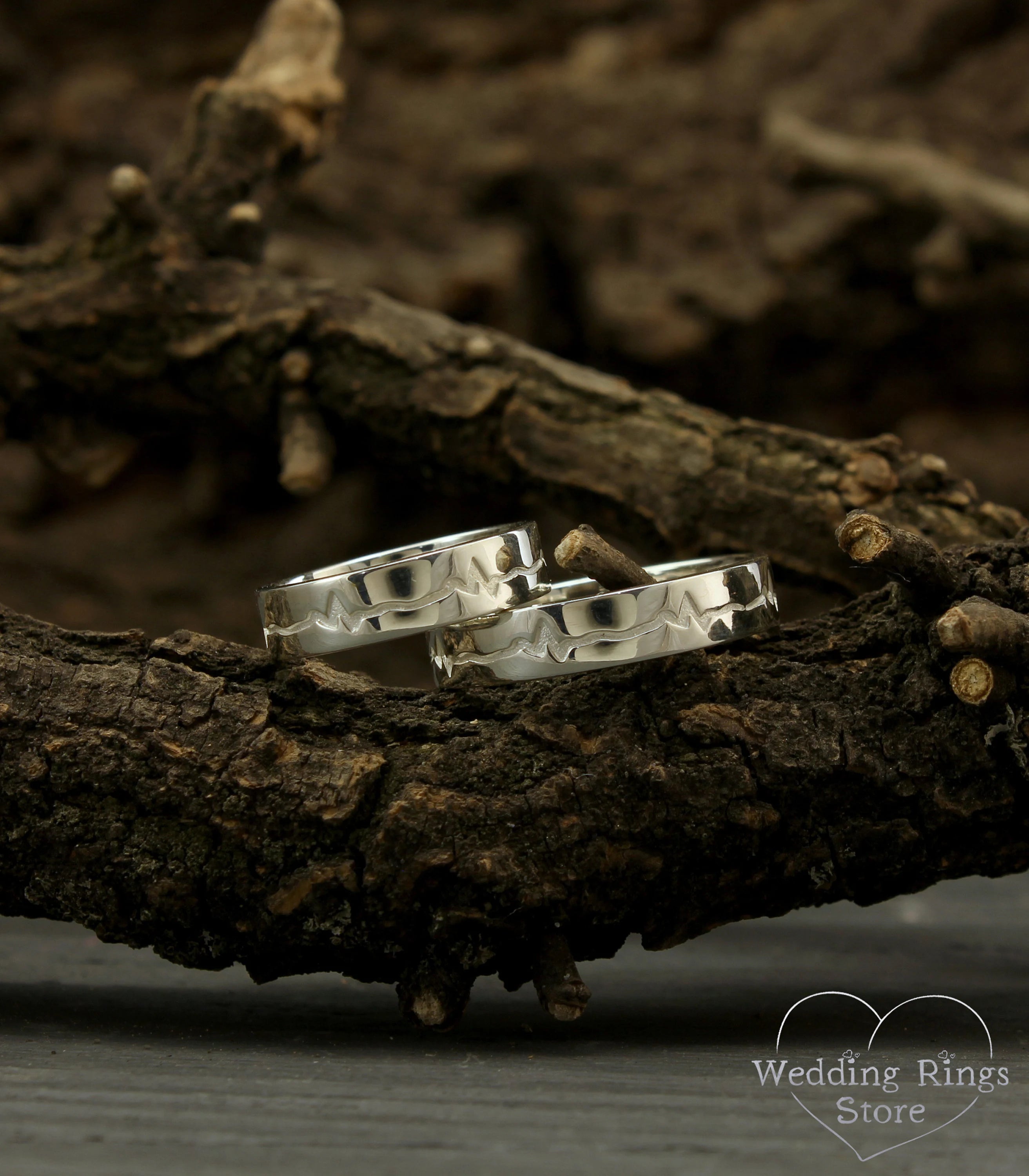 Silver matching Heartbeat Couple Wedding & Promise Rings