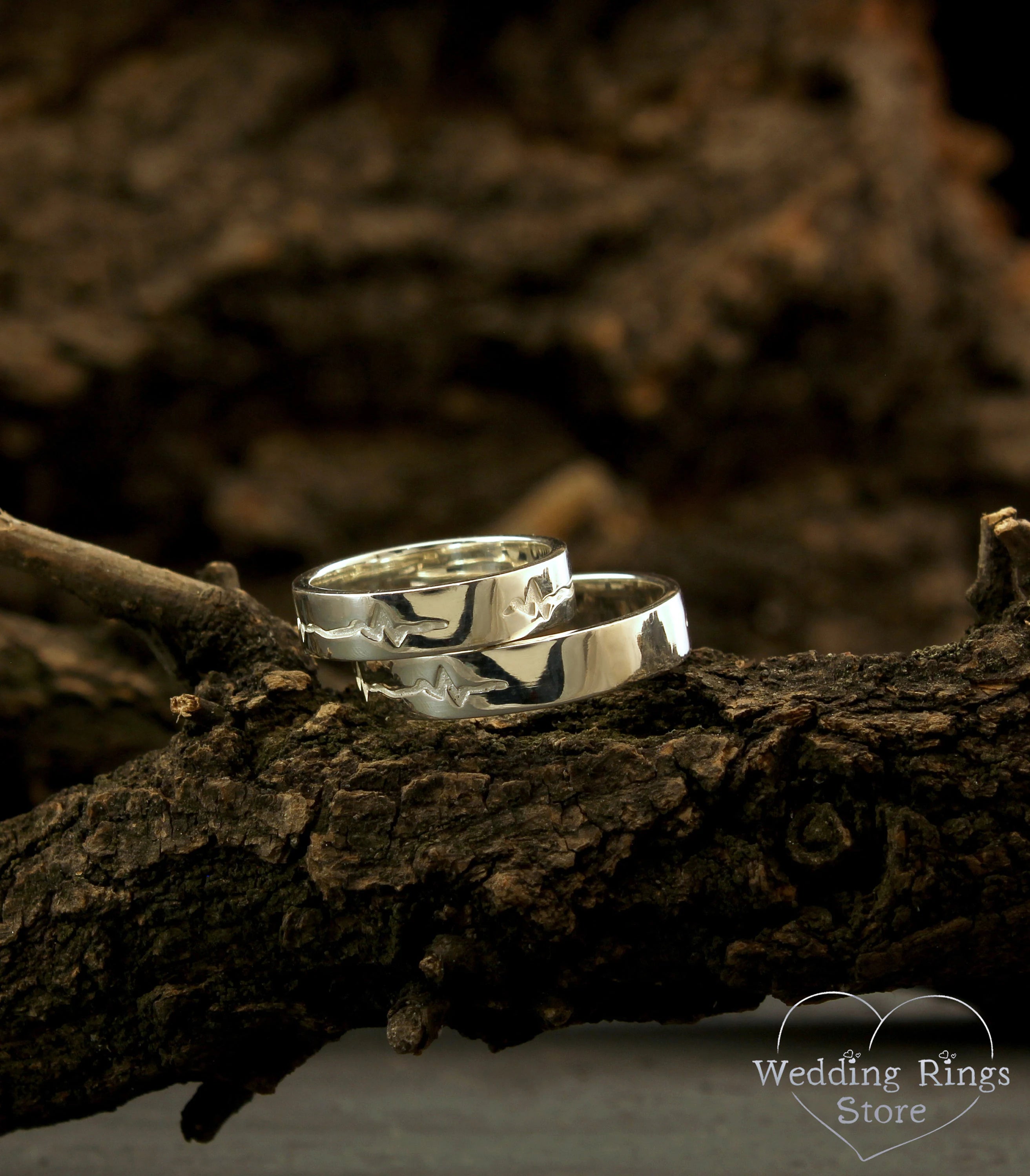 Silver matching Heartbeat Couple Wedding & Promise Rings