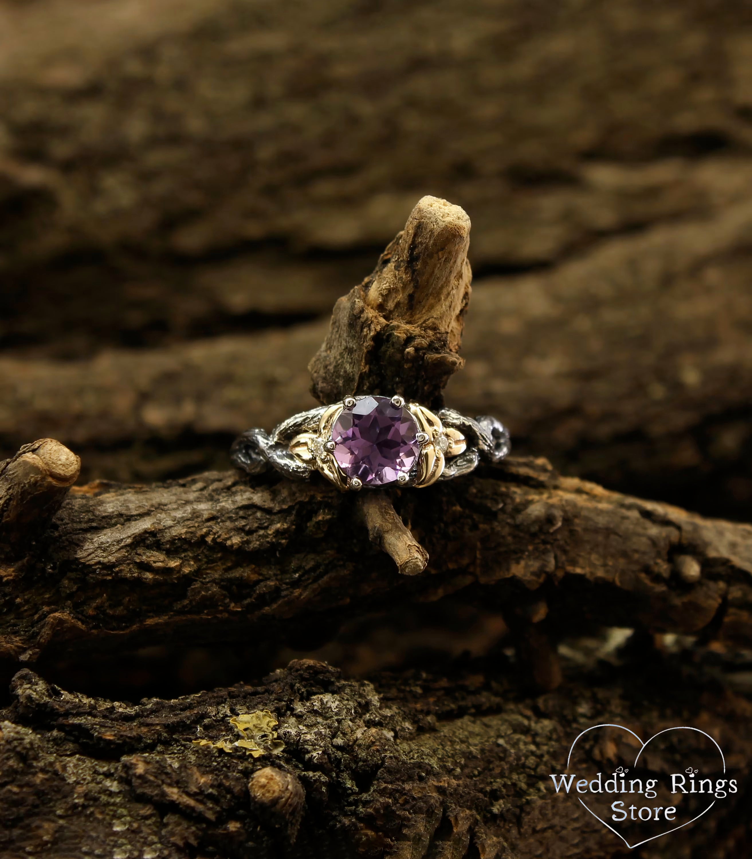 Gorgeous Twig and Leaves Engagement Ring with Amethyst in Mixed Metals