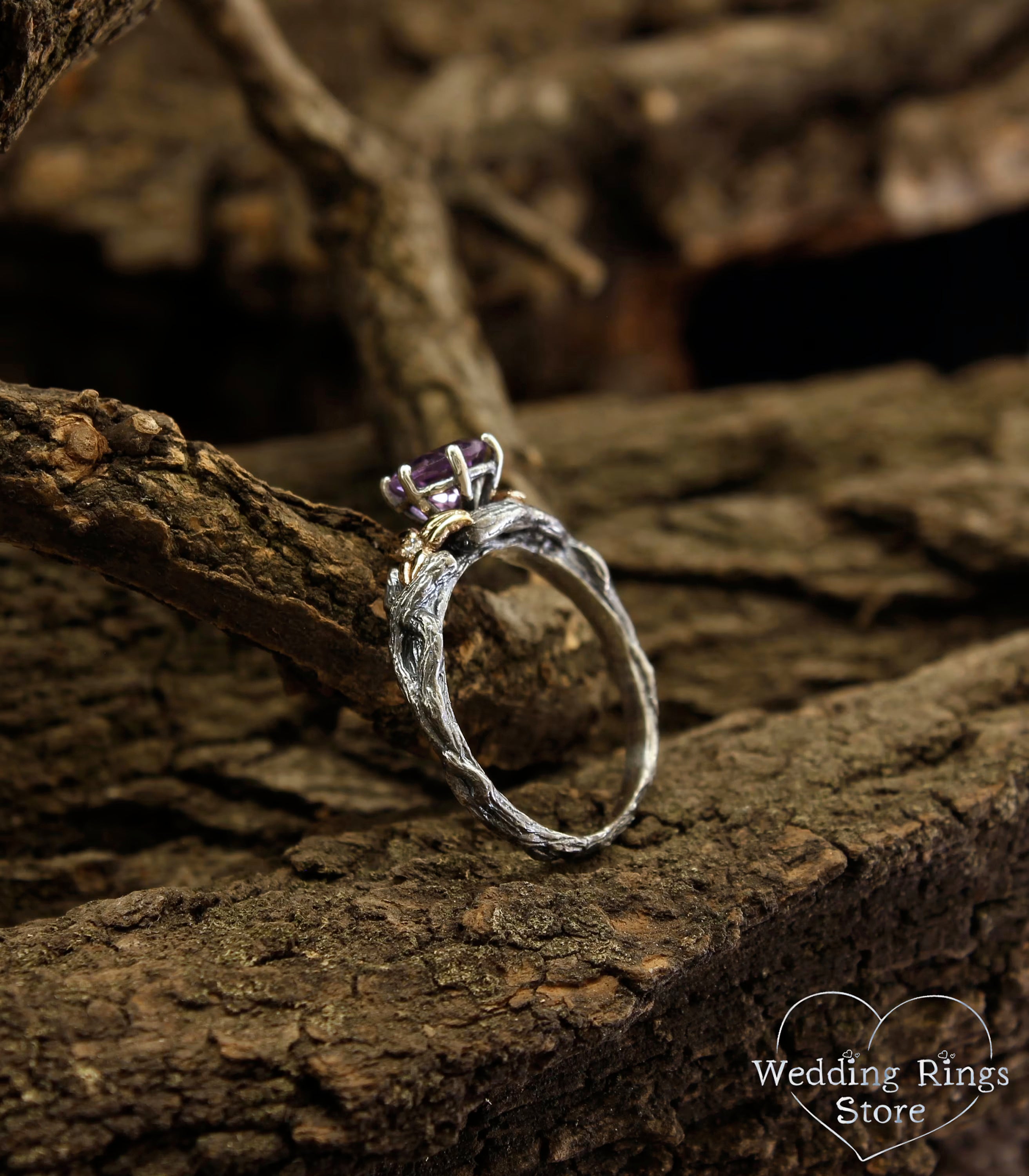 Gorgeous Twig and Leaves Engagement Ring with Amethyst in Mixed Metals