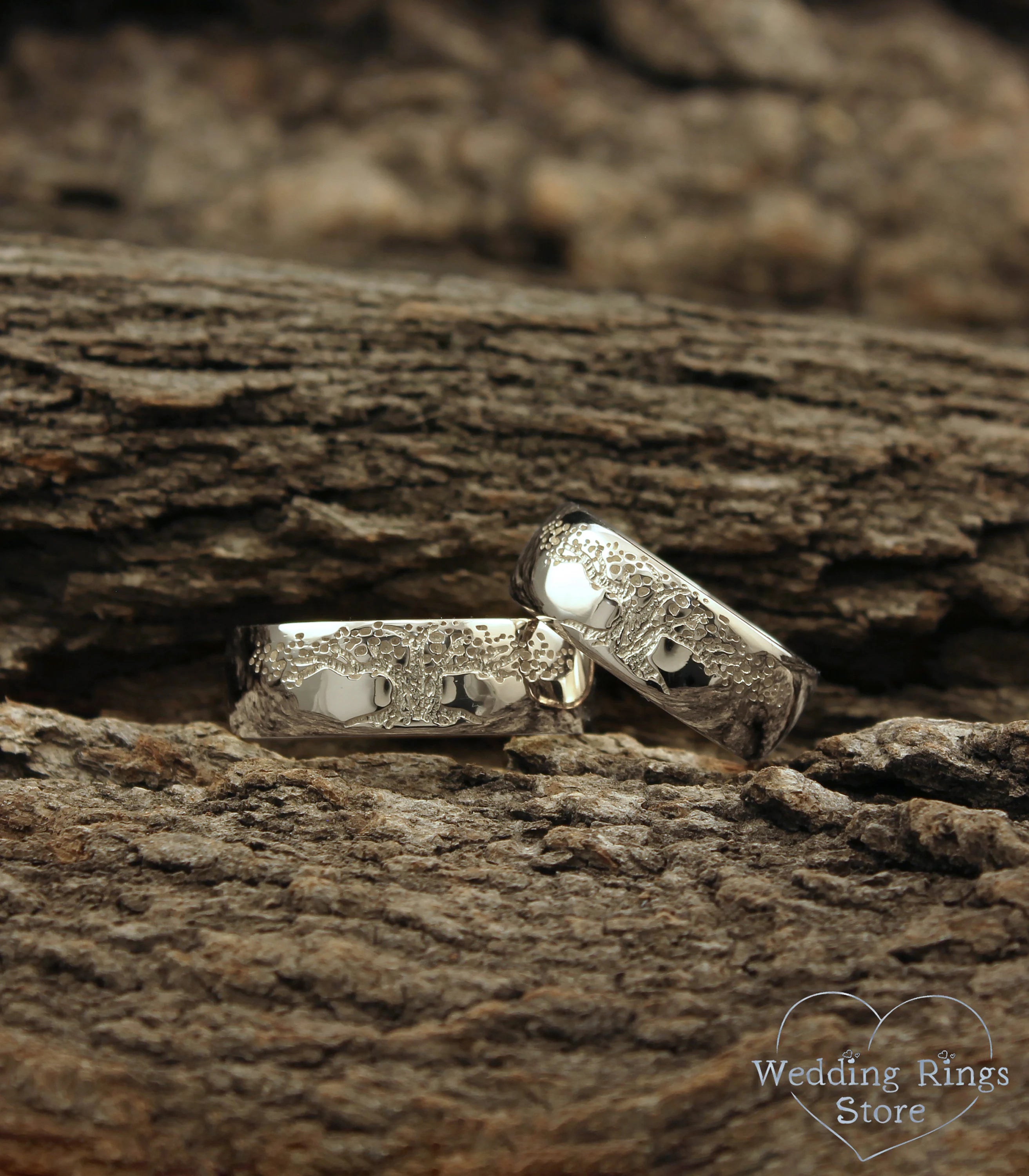 Family Tree Unique Silver Couple Wedding Bands Set