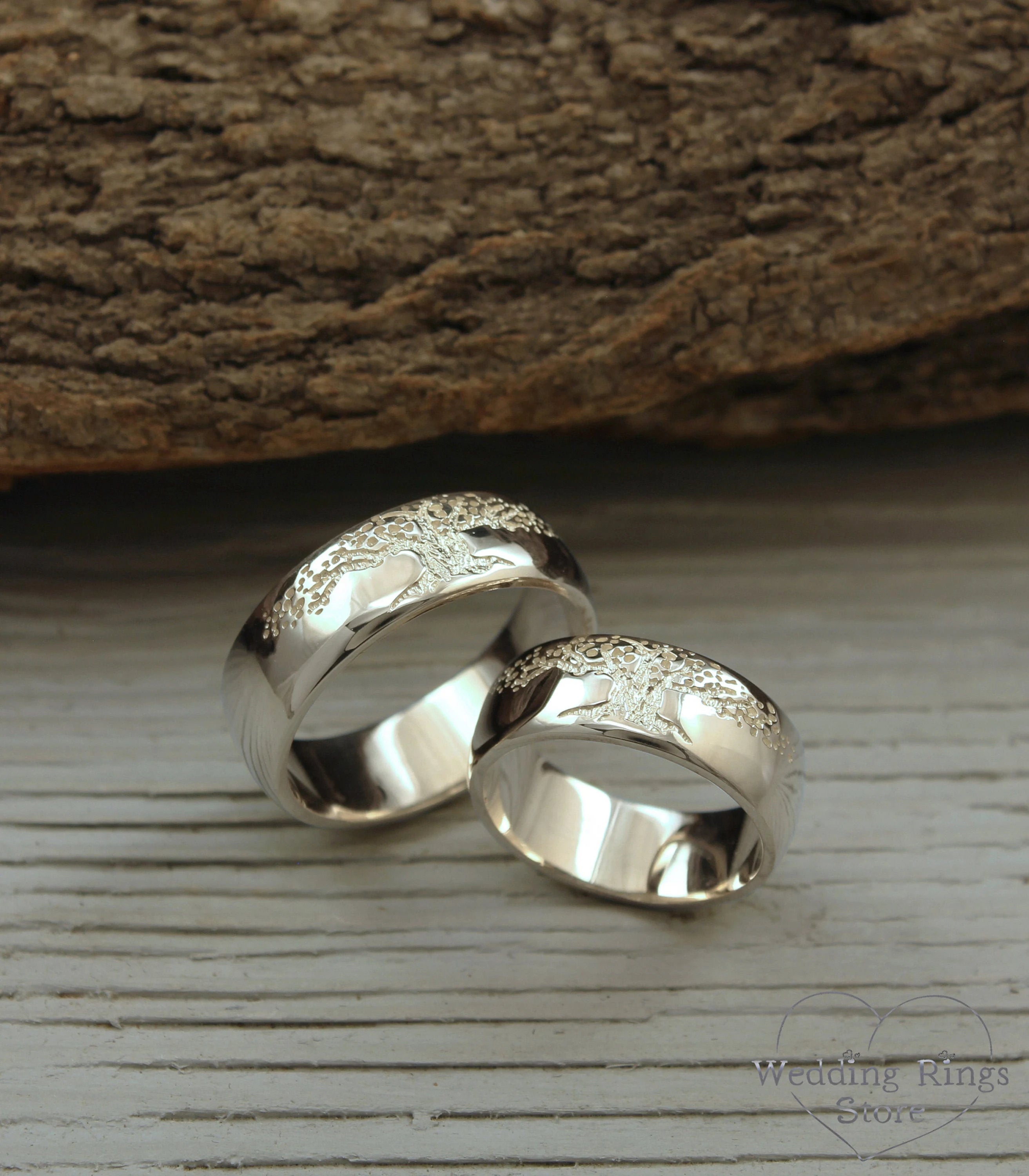 Family Tree Unique Silver Couple Wedding Bands Set