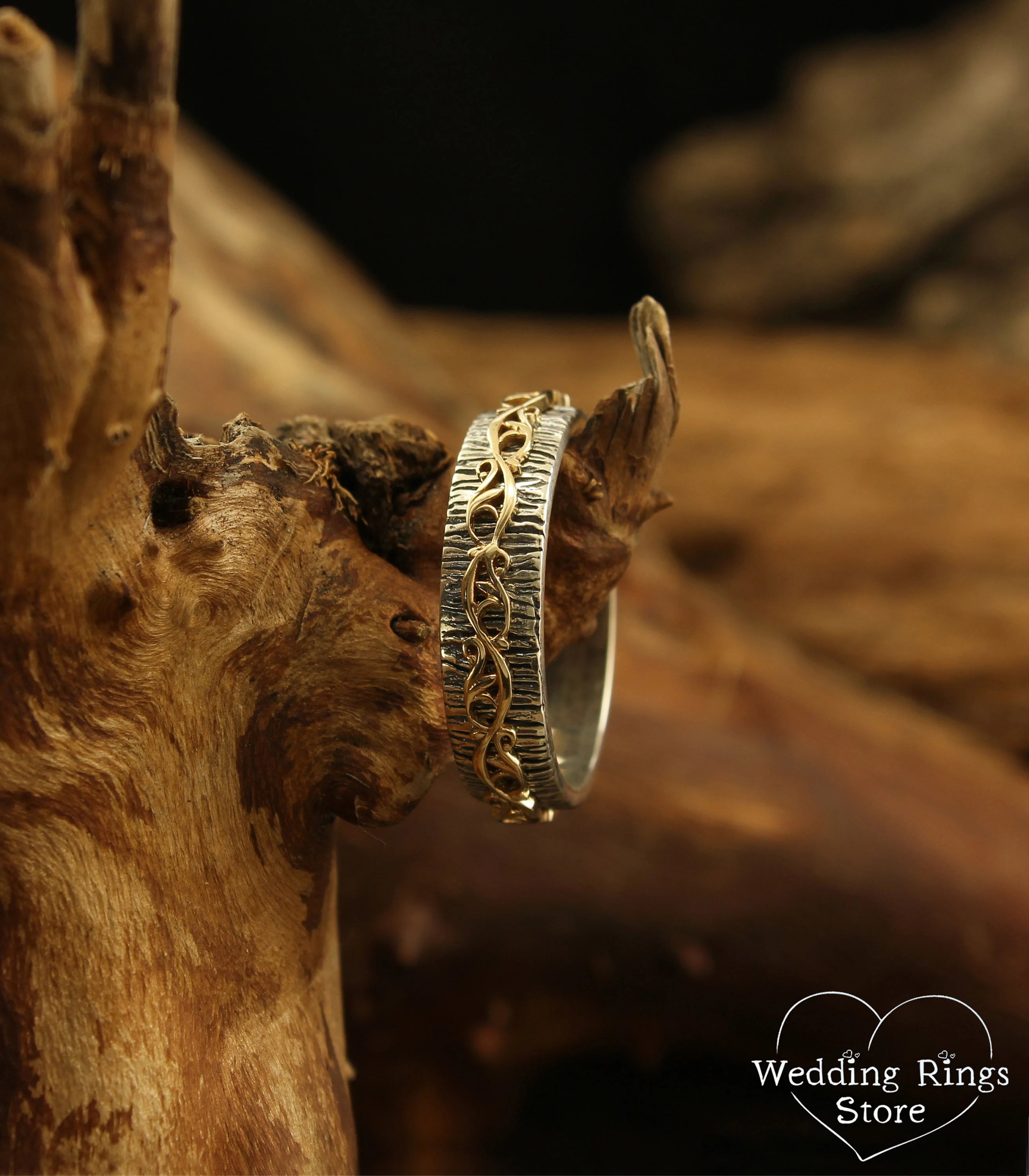 Vintage Gold Plant pattern on a Silver Tree Wedding Band