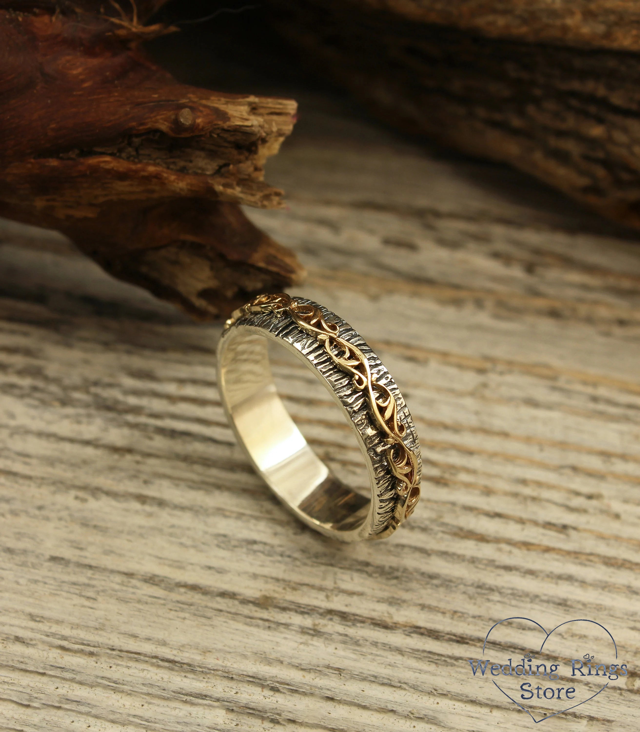 Vintage Gold Plant pattern on a Silver Tree Wedding Band