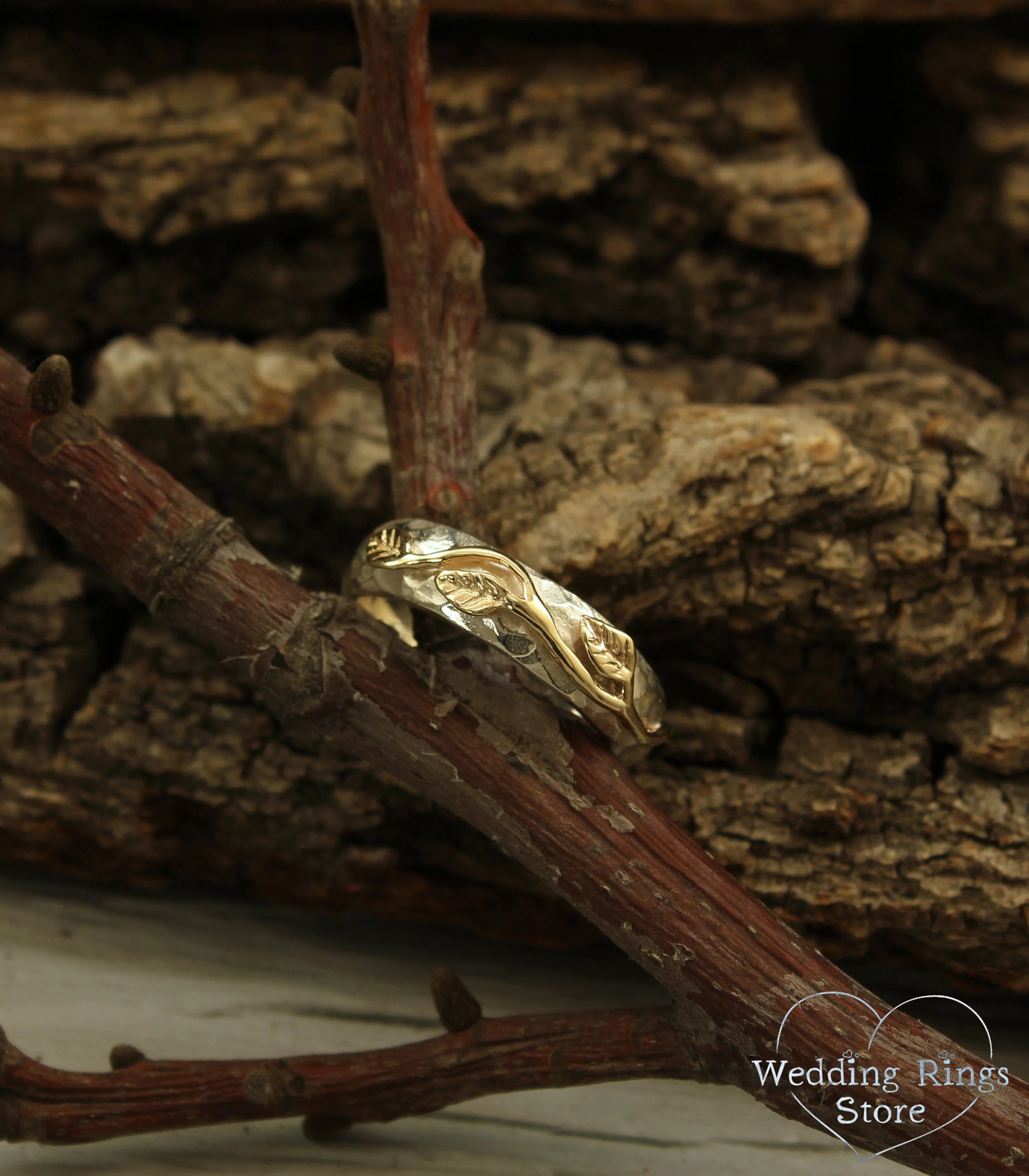 Gold Leaves Hammered Silver Wedding Ring