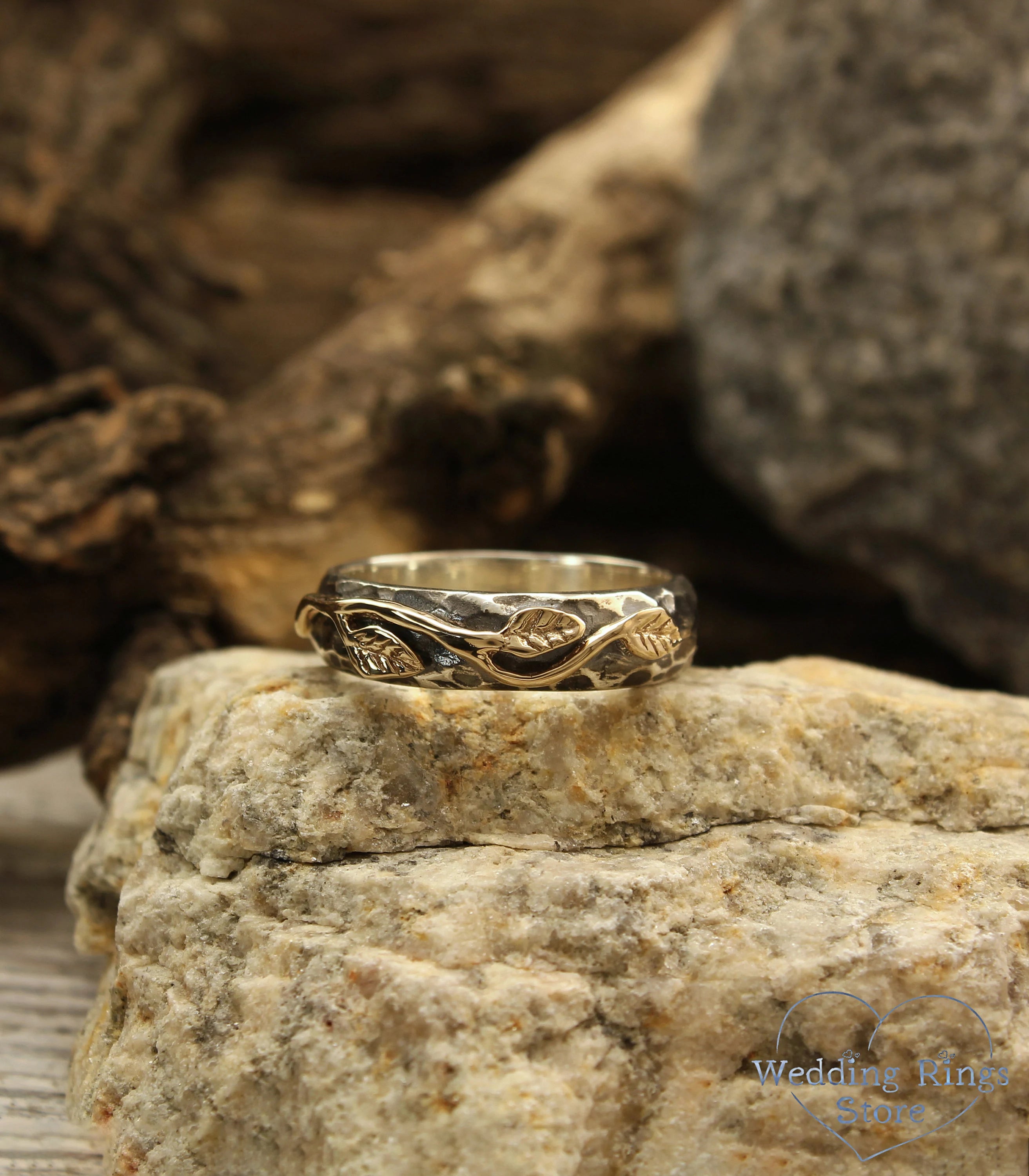 Gold Leaves Hammered Silver Wedding Ring